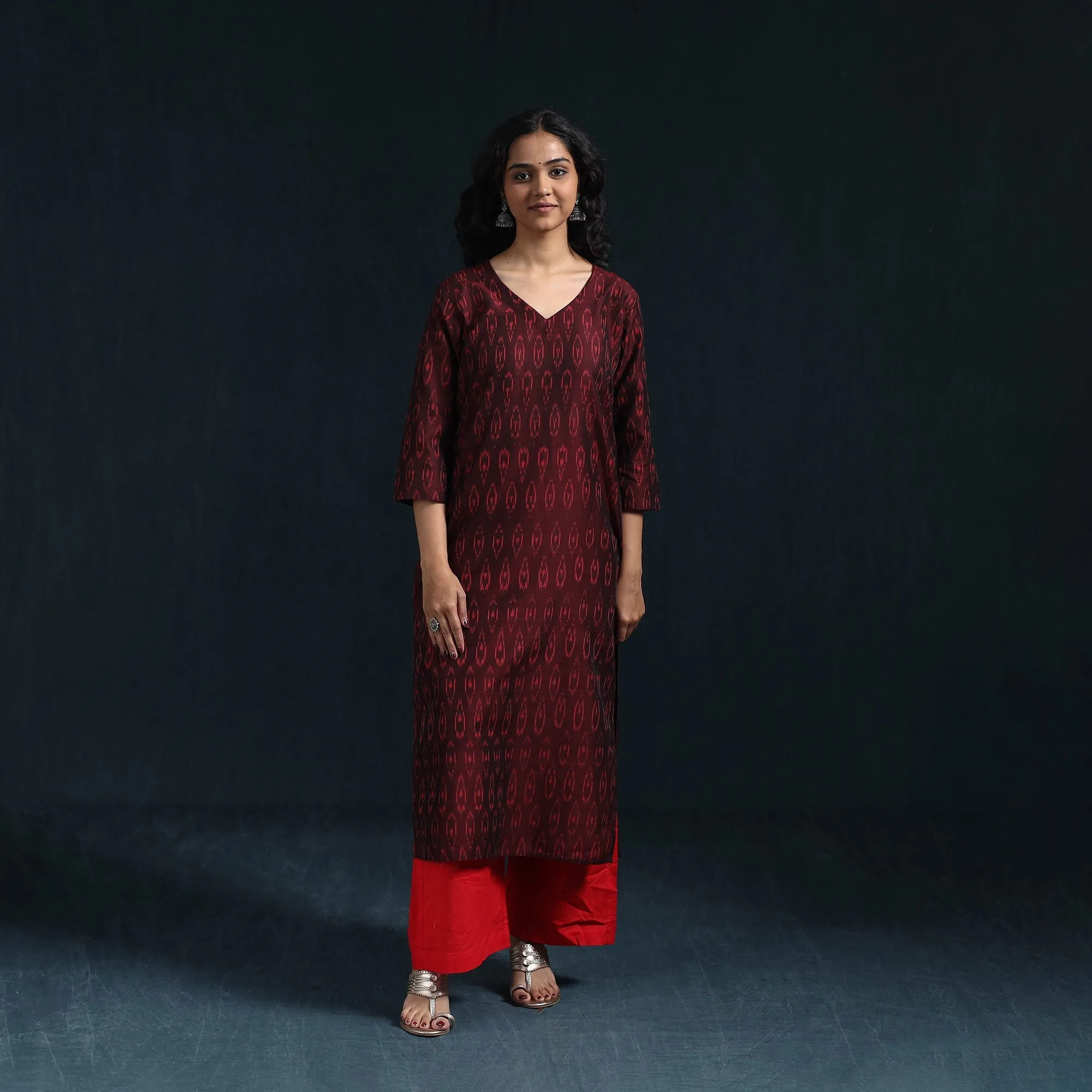 Maroon - Mercerised Cotton Straight Pochampally Ikat Kurta for women 06 sold by Itokri