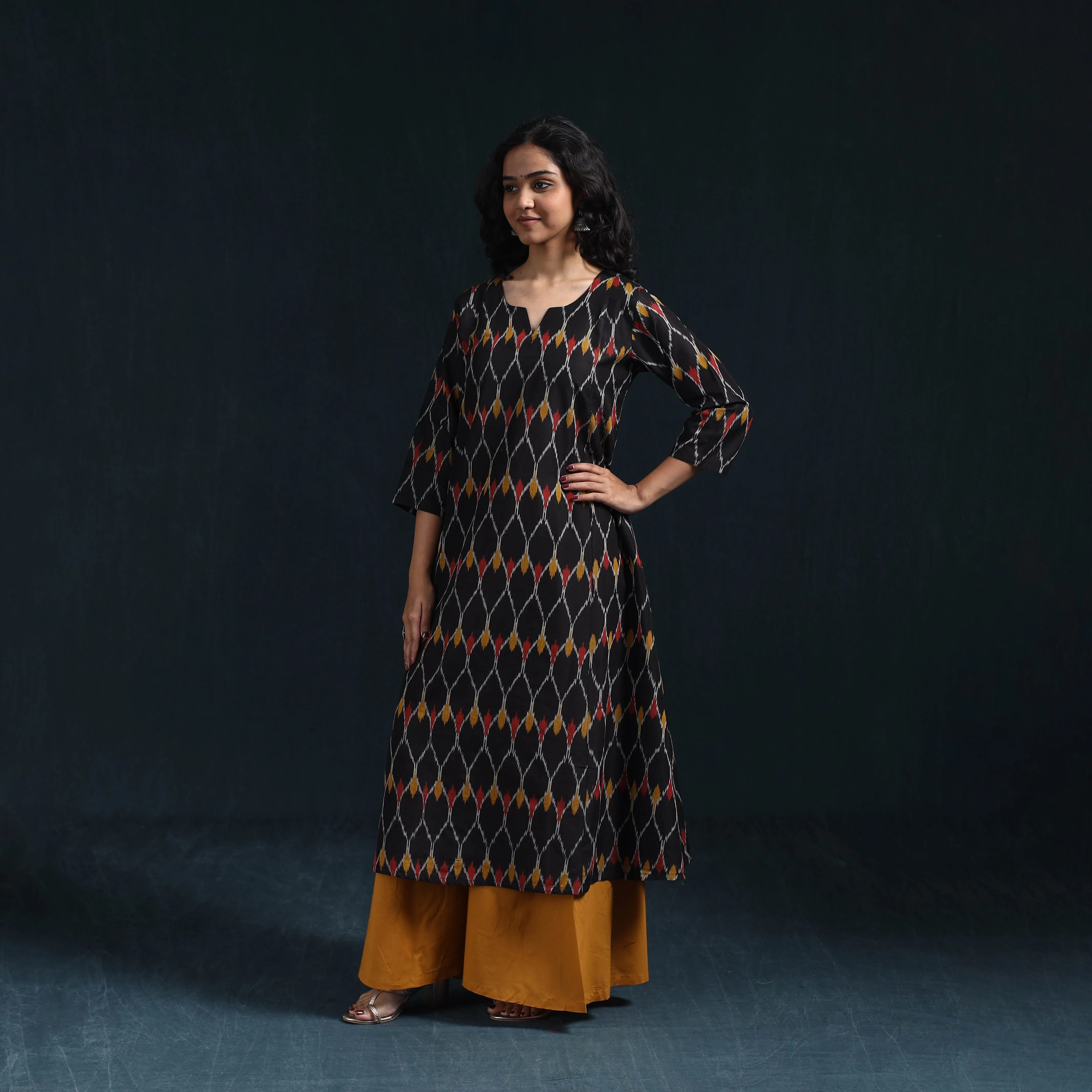 Black - Mercerised Cotton A-Line Pochampally Ikat Kurta for women 04 sold by Itokri product image thumbnail 2