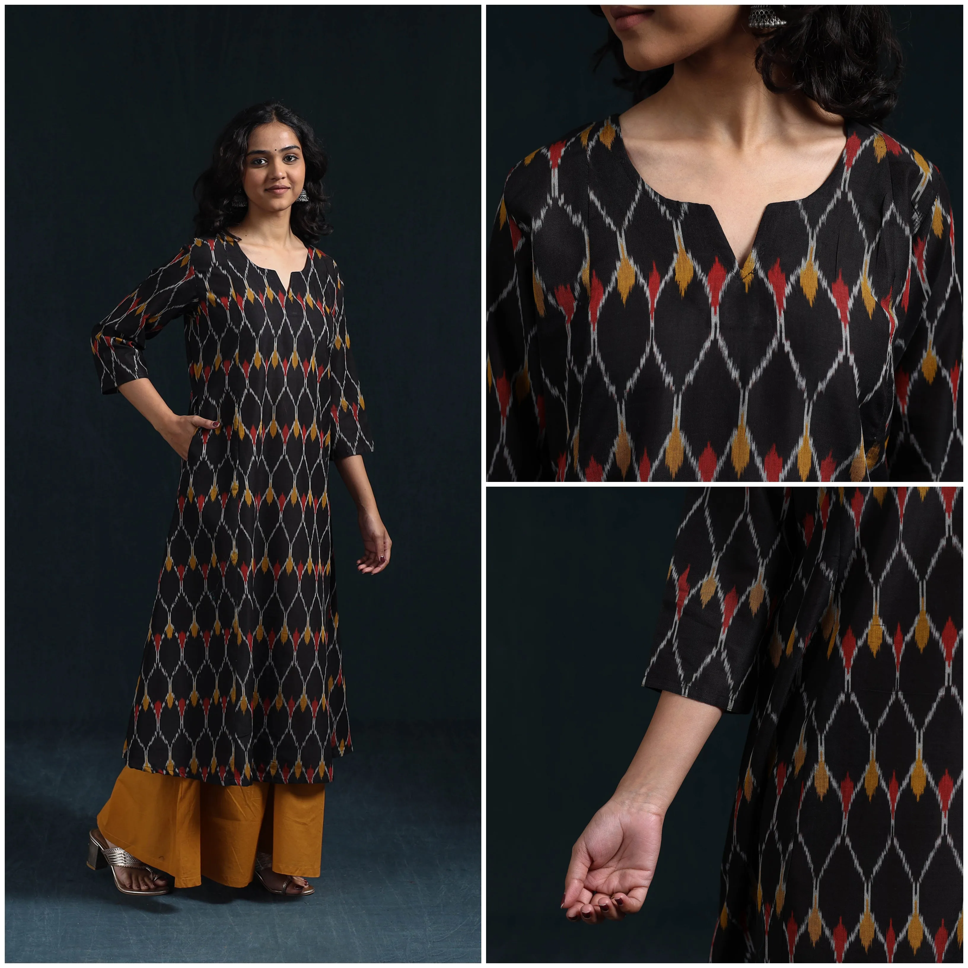 Black - Mercerised Cotton A-Line Pochampally Ikat Kurta for women 04 sold by Itokri product image thumbnail 4