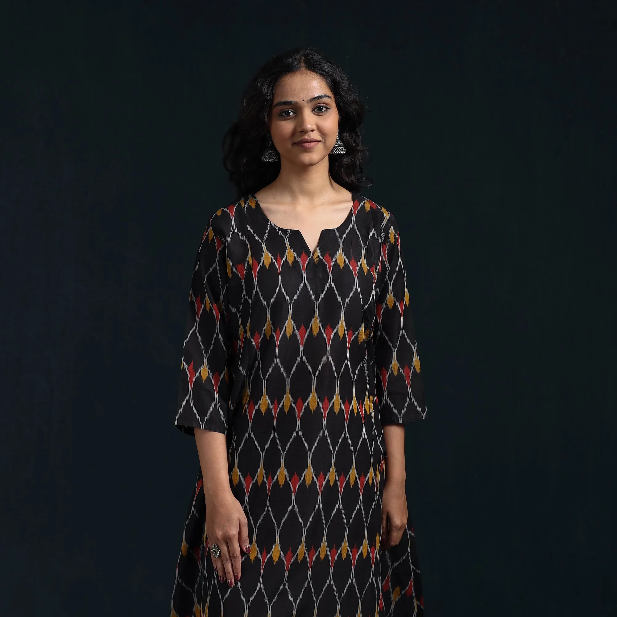 Black - Mercerised Cotton A-Line Pochampally Ikat Kurta for women 04 sold by Itokri product image thumbnail 3
