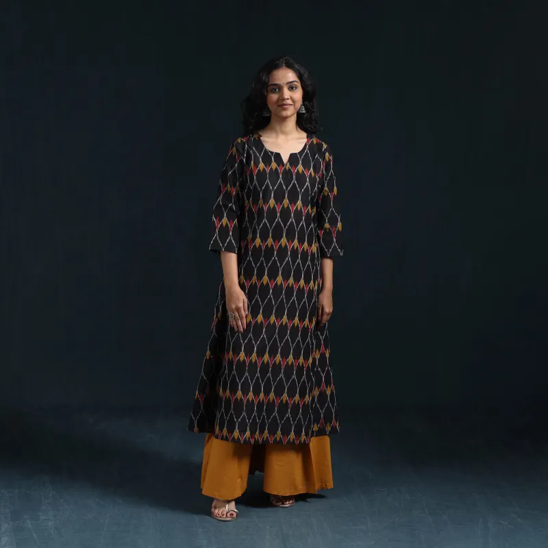 Black - Mercerised Cotton A-Line Pochampally Ikat Kurta for women 04 made by Itokri