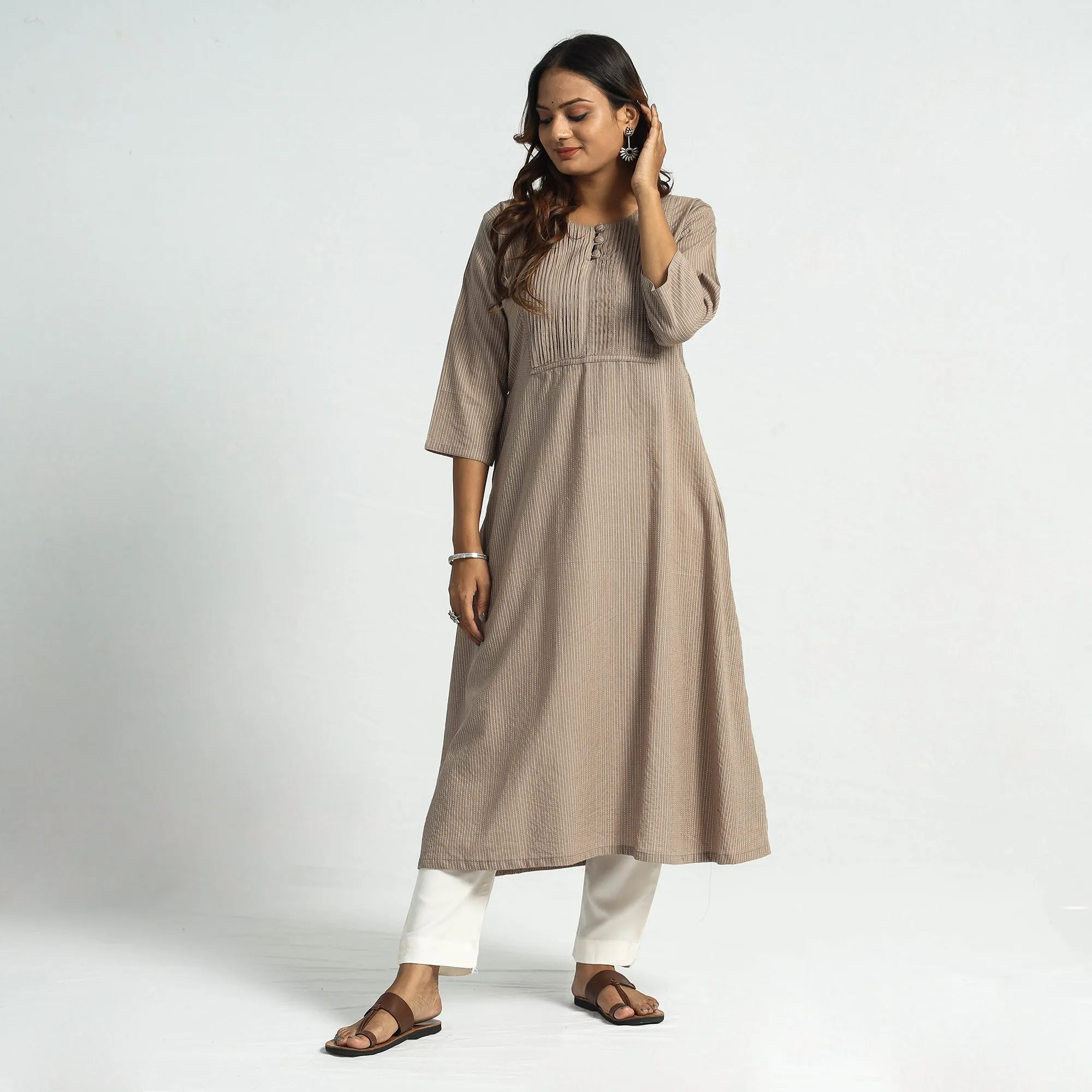 Light Brown - Plain Running Stitch Cotton Pintuck A-Line Long Kurta sold by Itokri product image thumbnail 3