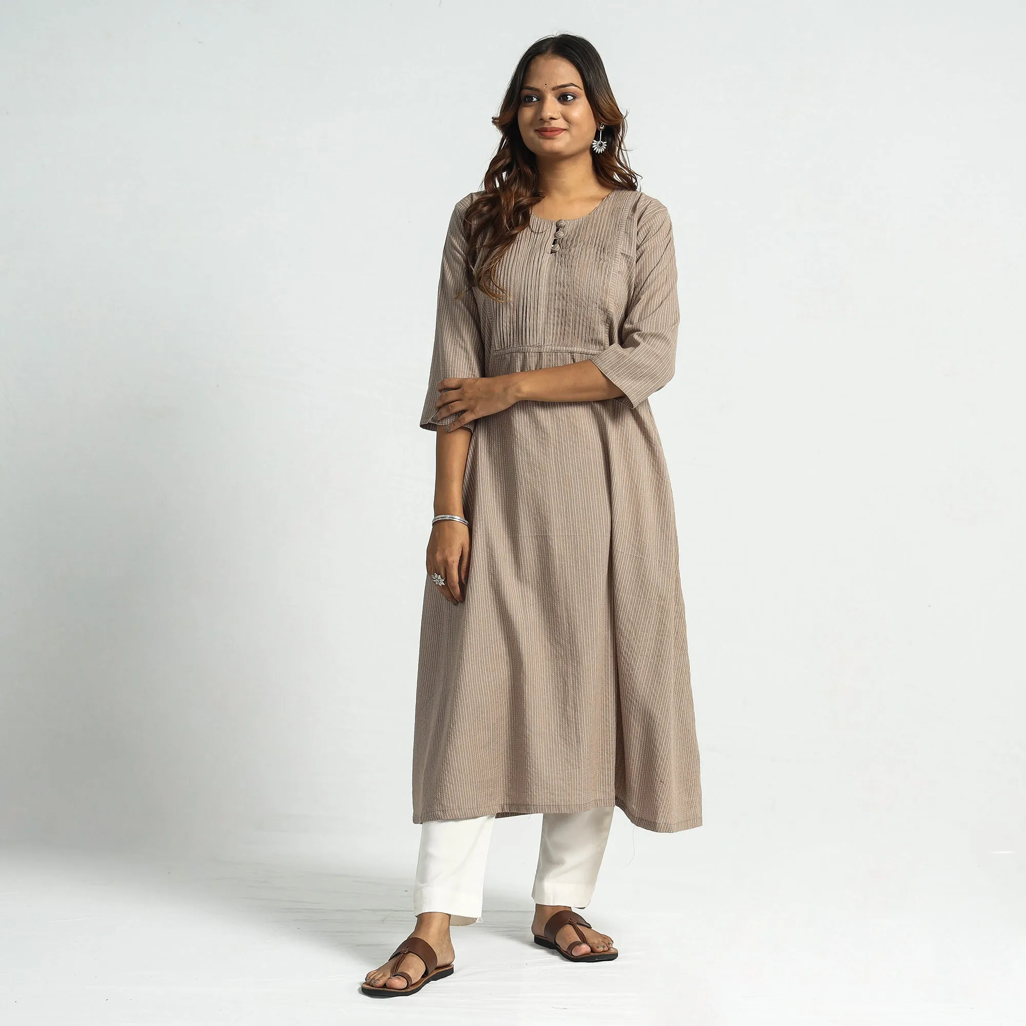 Light Brown - Plain Running Stitch Cotton Pintuck A-Line Long Kurta sold by Itokri product image thumbnail 2