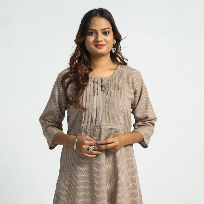 Light Brown - Plain Running Stitch Cotton Pintuck A-Line Long Kurta sold by Itokri