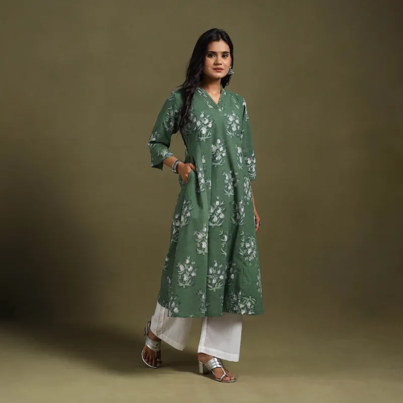 Green - Block Print Natural Dyed Cotton A-Line Jahota Kurta 16 sold by Itokri