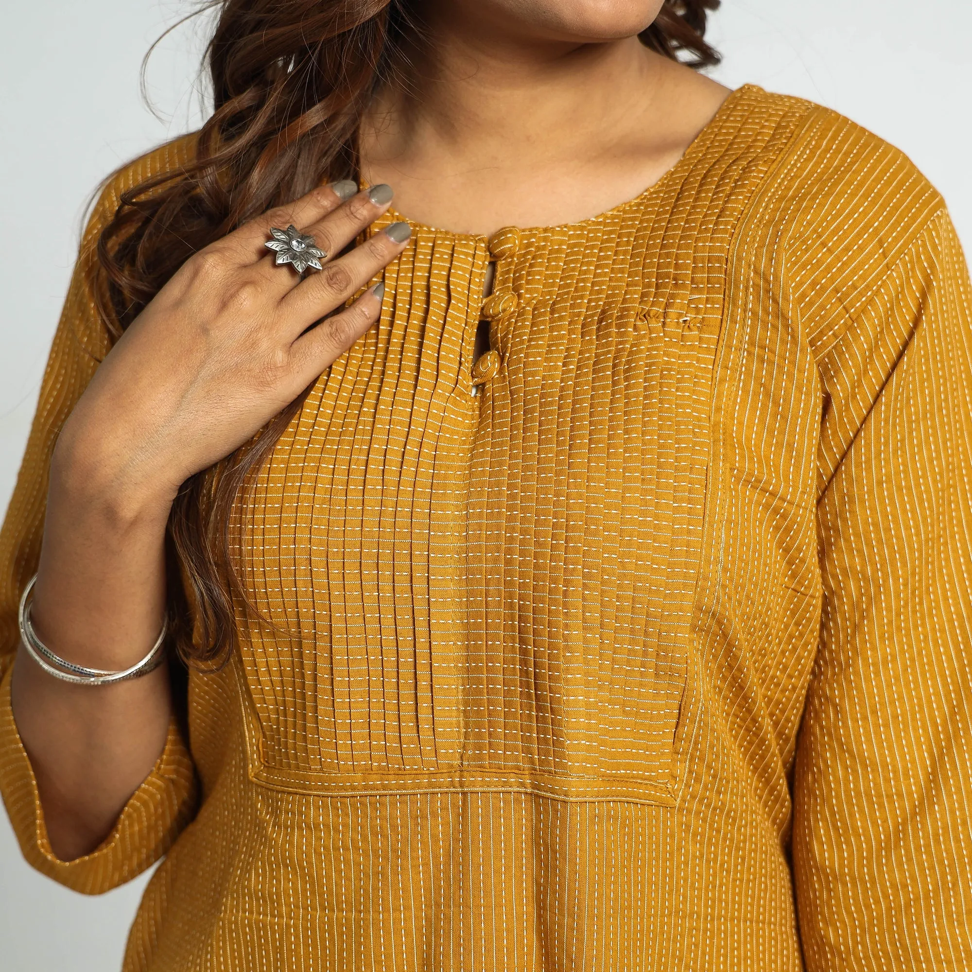 Mustard Yellow - Plain Running Stitch Cotton Pintuck Long Straight Kurta sold by Itokri product image thumbnail 4