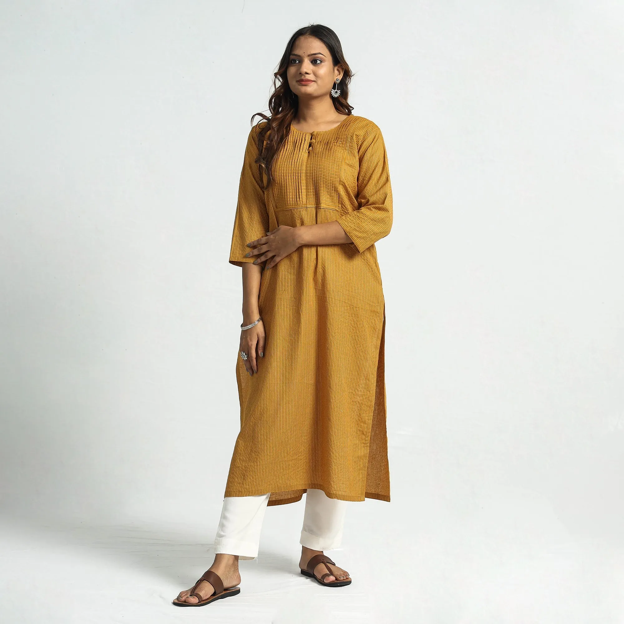 Mustard Yellow - Plain Running Stitch Cotton Pintuck Long Straight Kurta sold by Itokri product image thumbnail 2