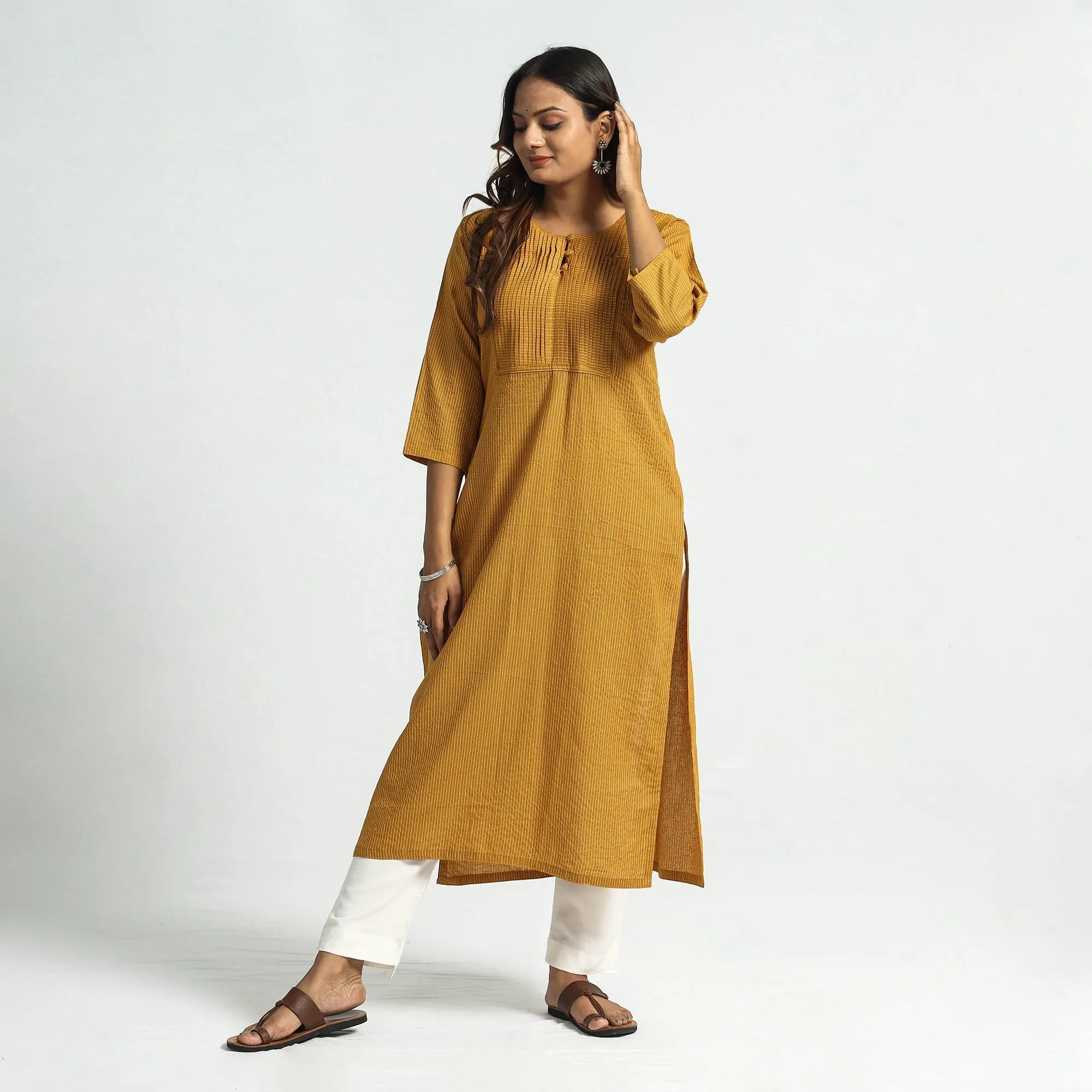 Mustard Yellow - Plain Running Stitch Cotton Pintuck Long Straight Kurta sold by Itokri product image thumbnail 3