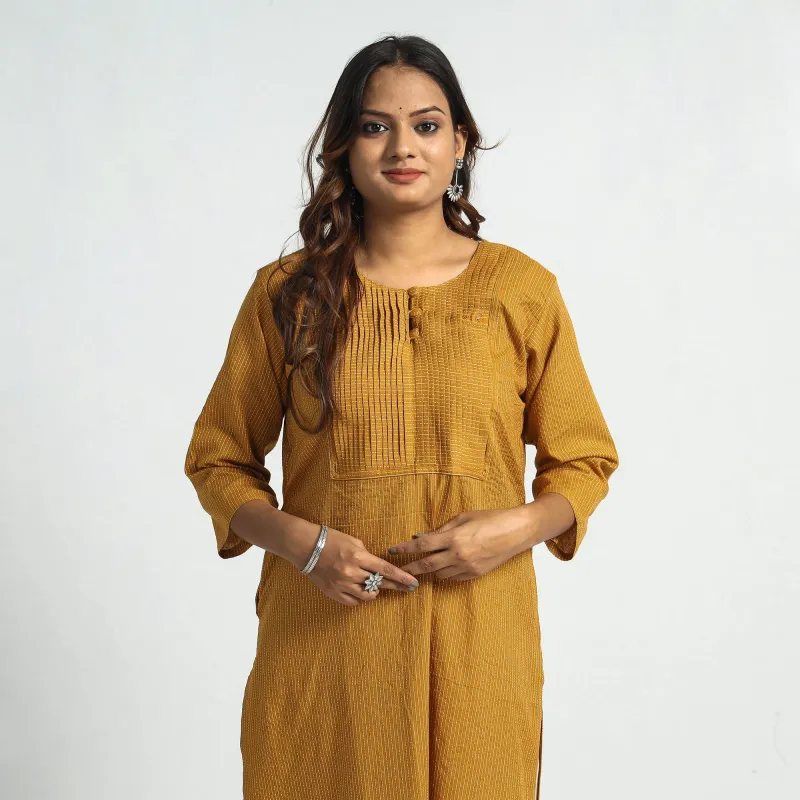 Mustard Yellow - Plain Running Stitch Cotton Pintuck Long Straight Kurta made by Itokri