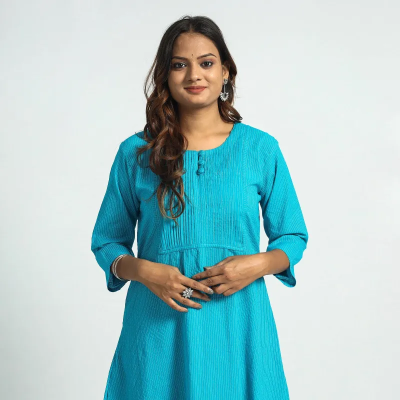 Sky Blue - Plain Running Stitch Cotton Pintuck A-Line Long Kurta sold by Itokri