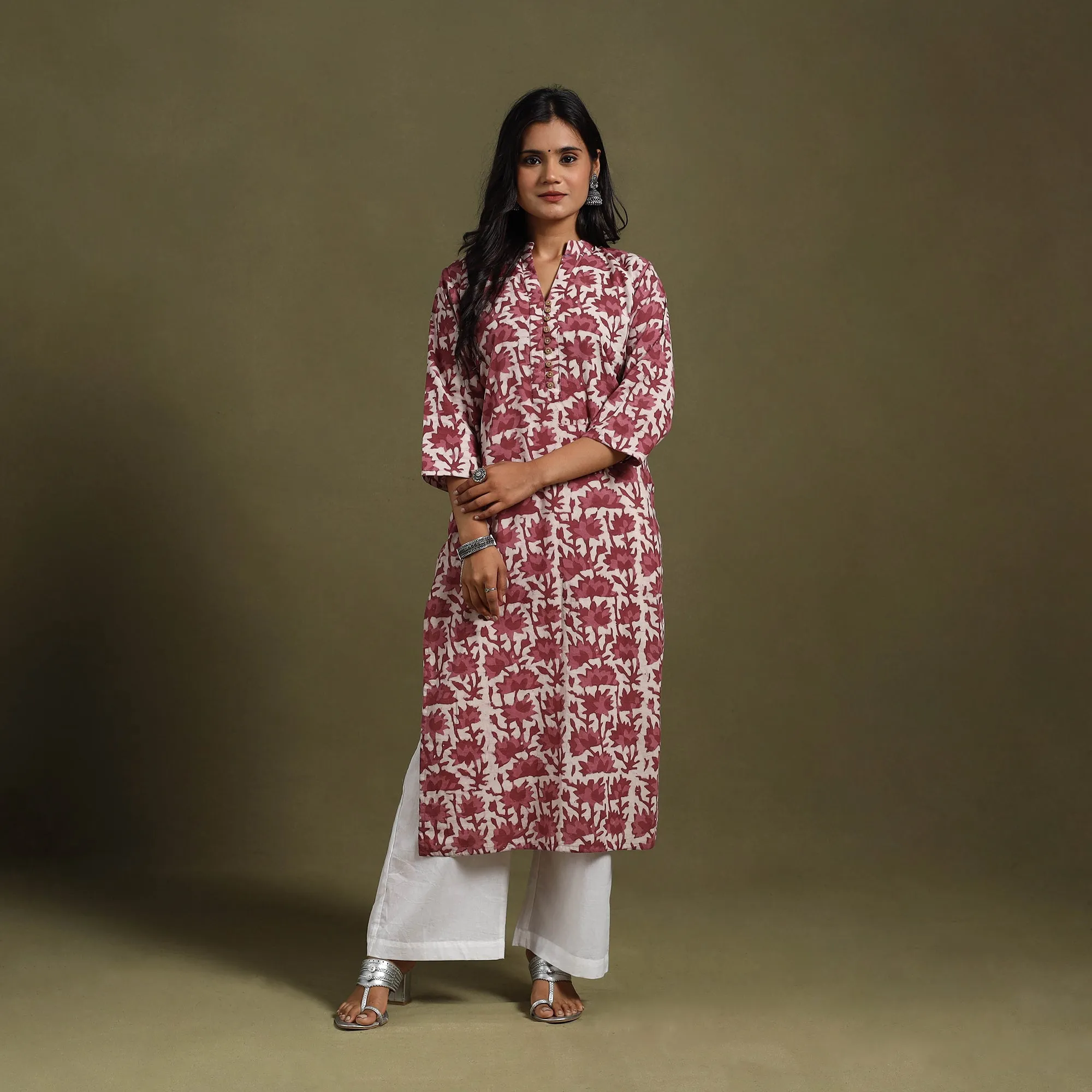 Maroon - Block Print Natural Dyed Cotton Straight Jahota Kurta 18 sold by Itokri product image thumbnail 2