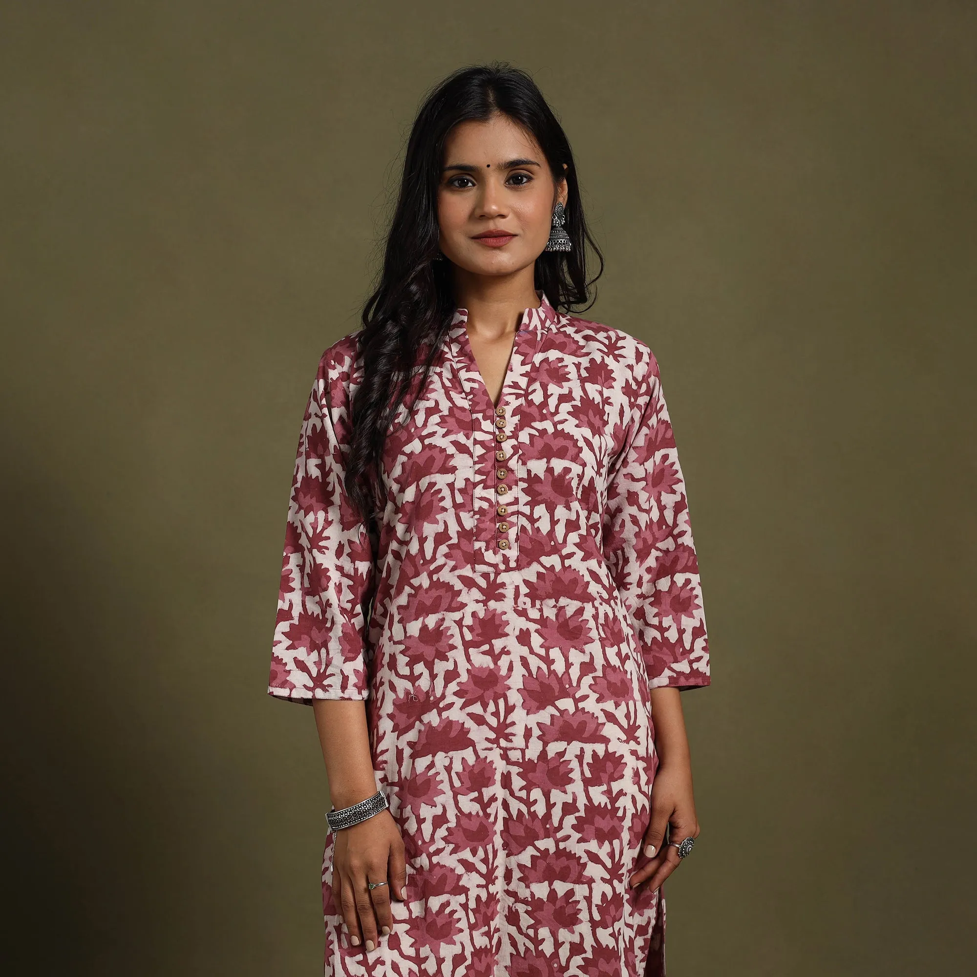 Maroon - Block Print Natural Dyed Cotton Straight Jahota Kurta 18 sold by Itokri product image thumbnail 3