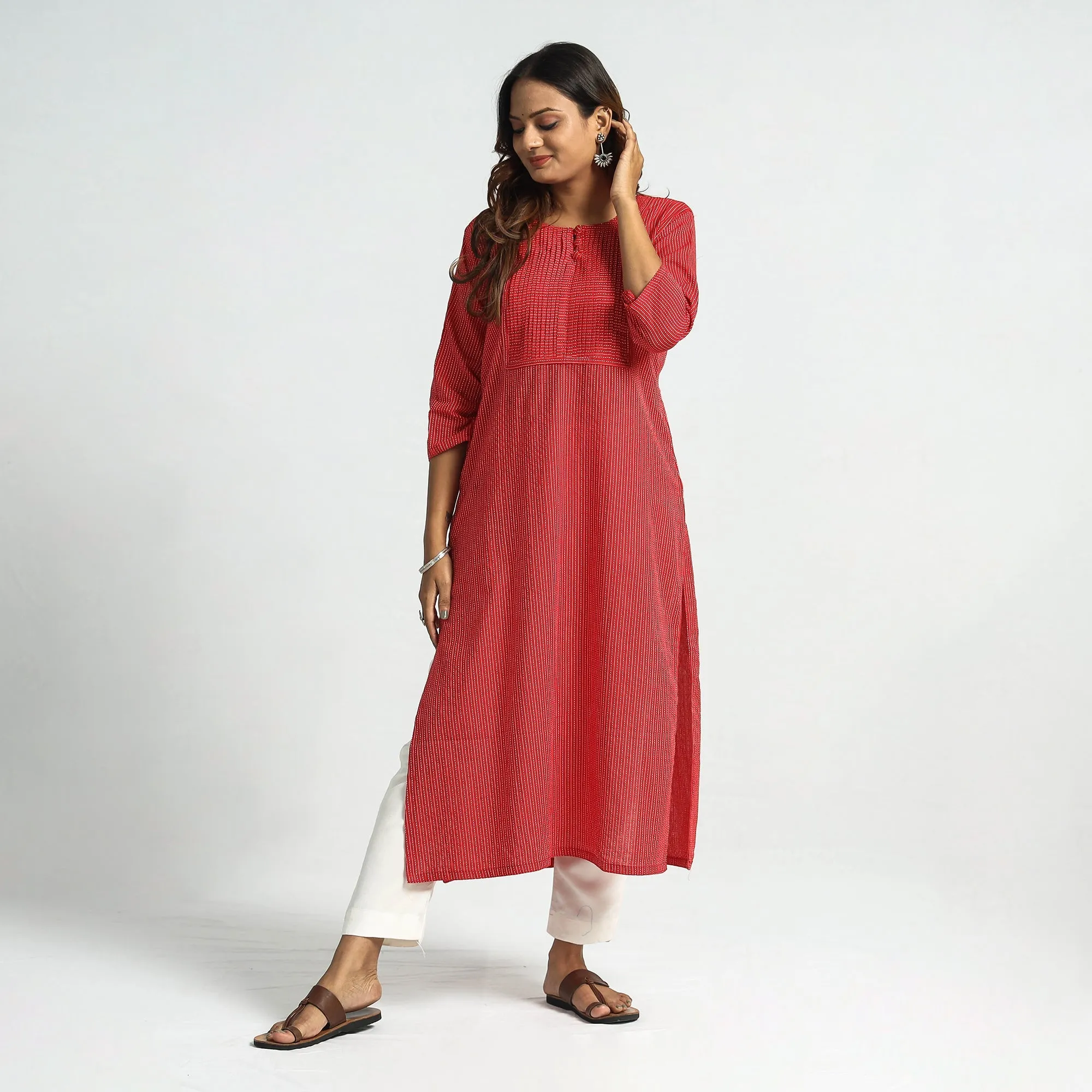 Red - Plain Running Stitch Cotton Pintuck Long Straight Kurta sold by Itokri product image thumbnail 3