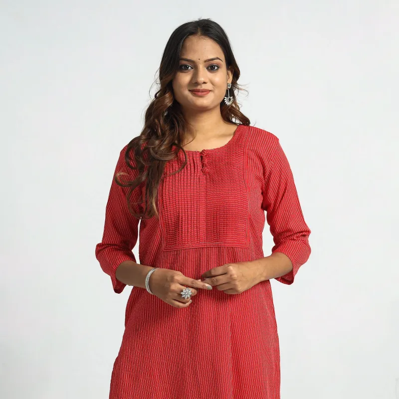 Red - Plain Running Stitch Cotton Pintuck Long Straight Kurta made by Itokri