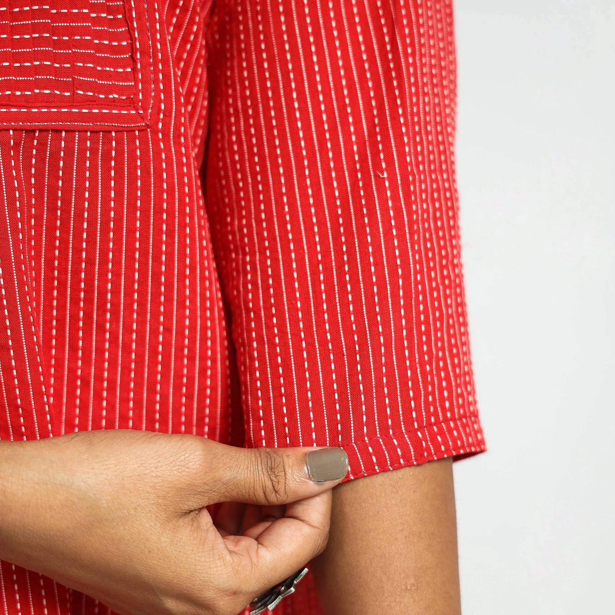 Red - Plain Running Stitch Cotton Pintuck Long Straight Kurta sold by Itokri product image thumbnail 5