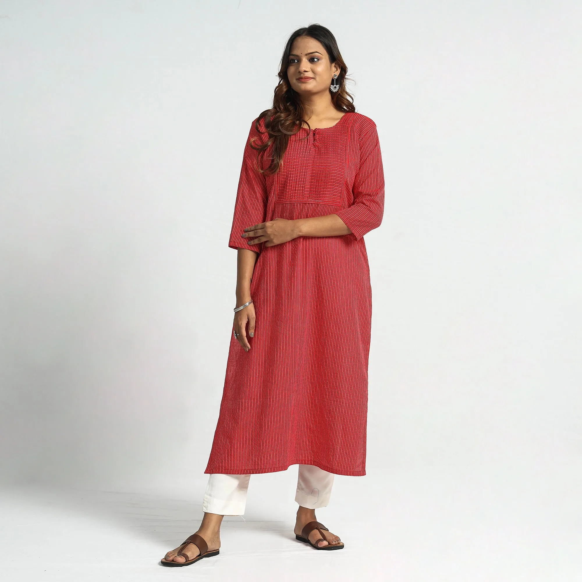 Red - Plain Running Stitch Cotton Pintuck Long Straight Kurta sold by Itokri product image thumbnail 2