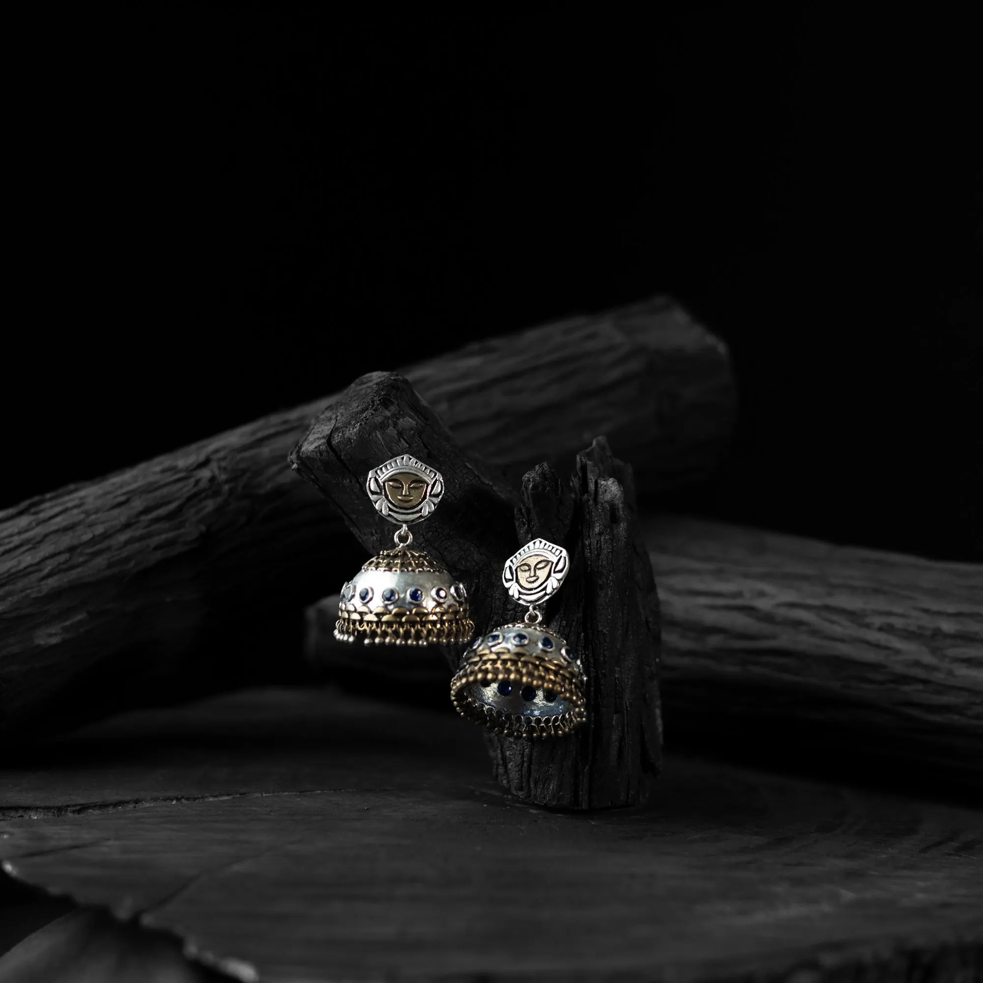 Blue - Saanjh Bela Goddess Durga Oxidised Jhumka Earrings sold by Itokri