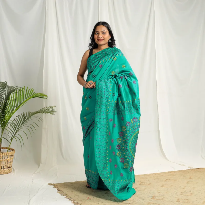 Green - Bengal Hand Embroidery Silk Nakshi Kantha Saree 71 sold by Itokri