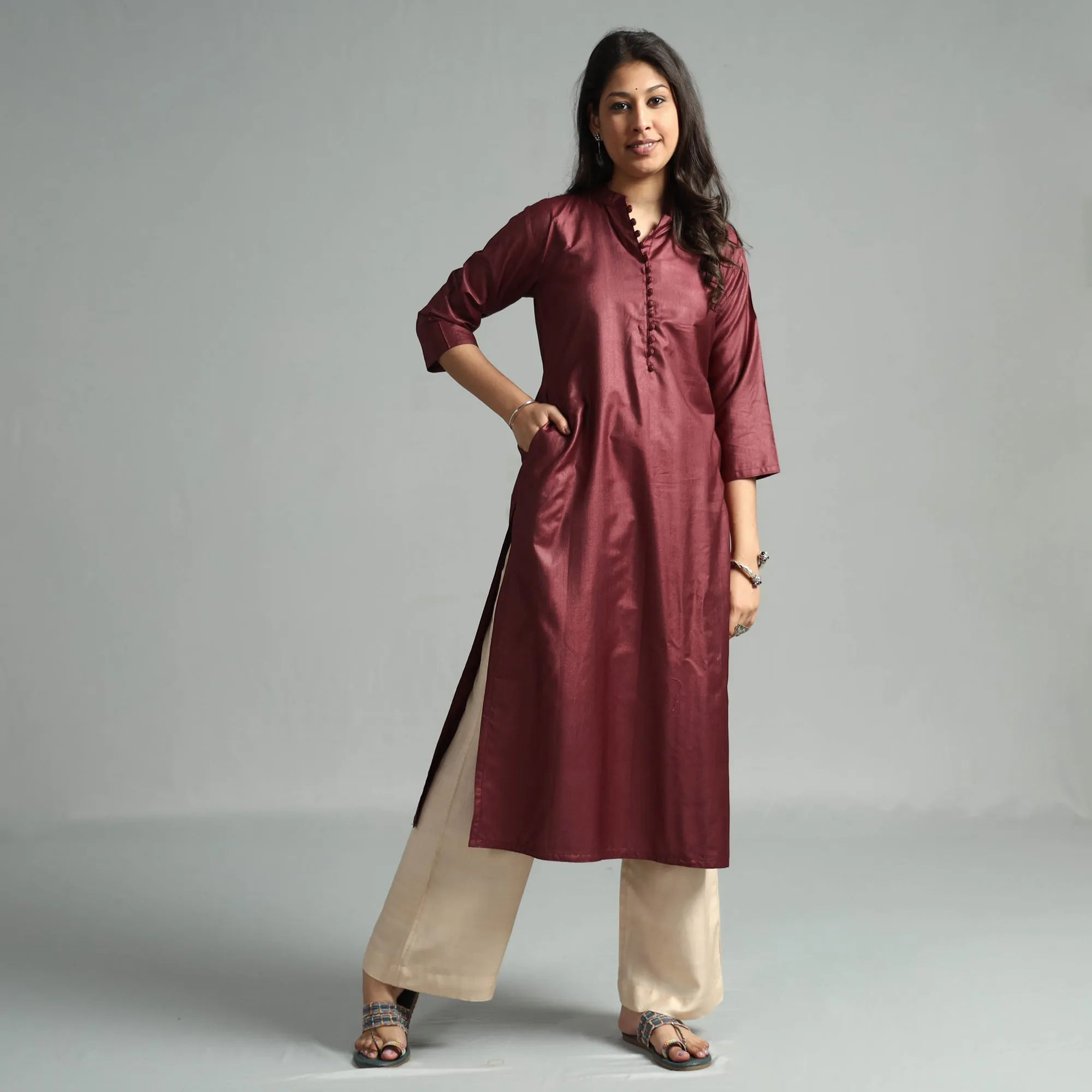 Maroon - Tussar Silk Plain Straight Kurta sold by Itokri product image thumbnail 2