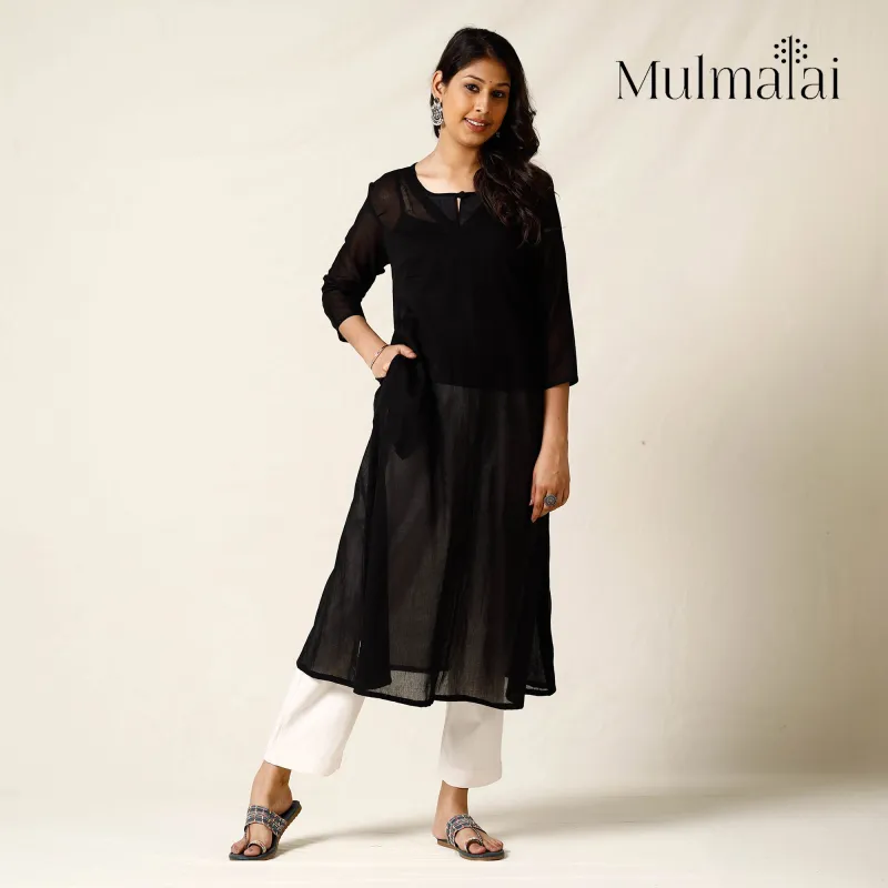 Black - Mulmalai Cotton Plain Dyed A-Line Long Kurta 32 sold by Itokri