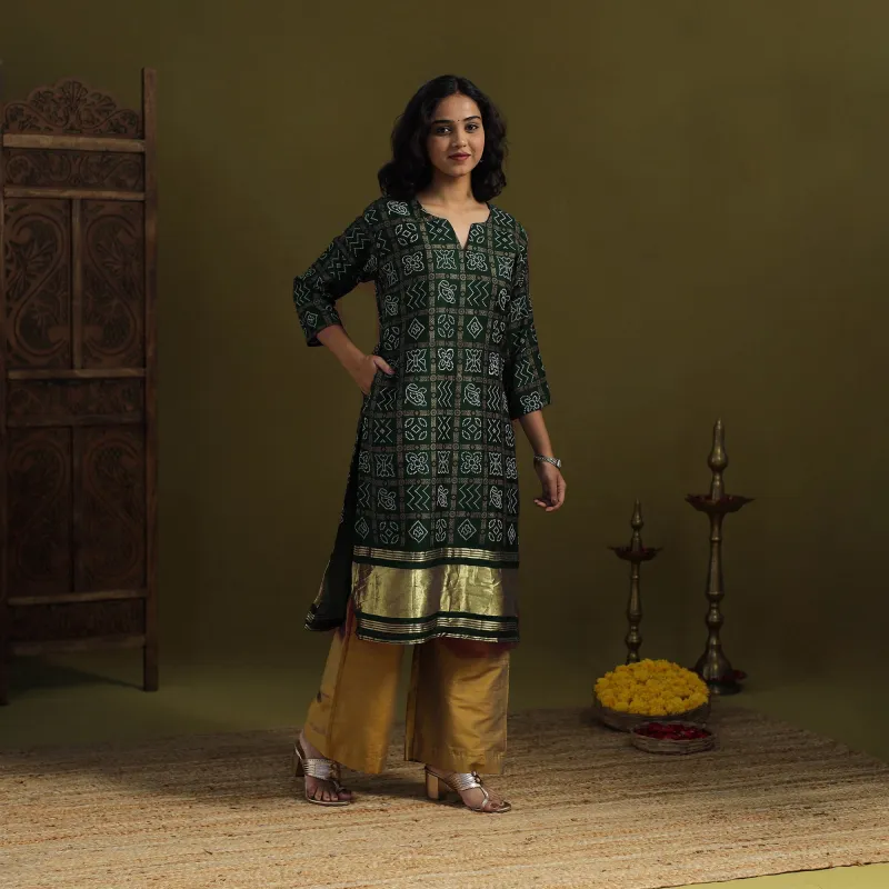Green - Silk Bandhani Kurta Set with Lagdi Patta (Set of 2) 02 made by Itokri