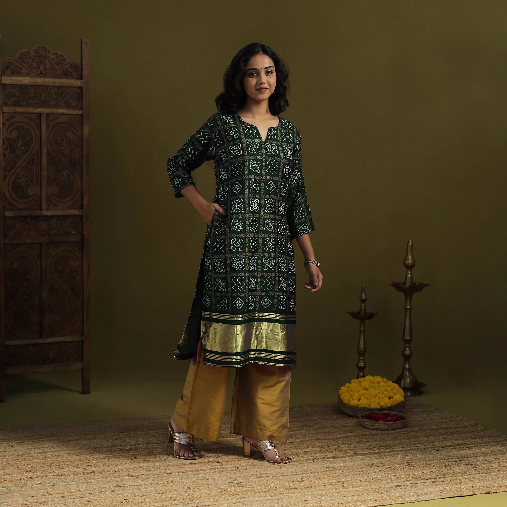 Green - Silk Bandhani Kurta Set with Lagdi Patta (Set of 2) 02 sold by Itokri