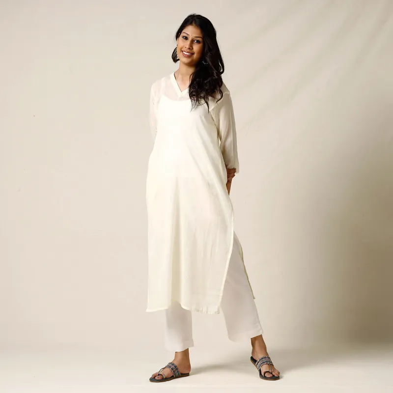 White - Mulmalai Cotton Plain Dyed Long Kurta 26 sold by Itokri