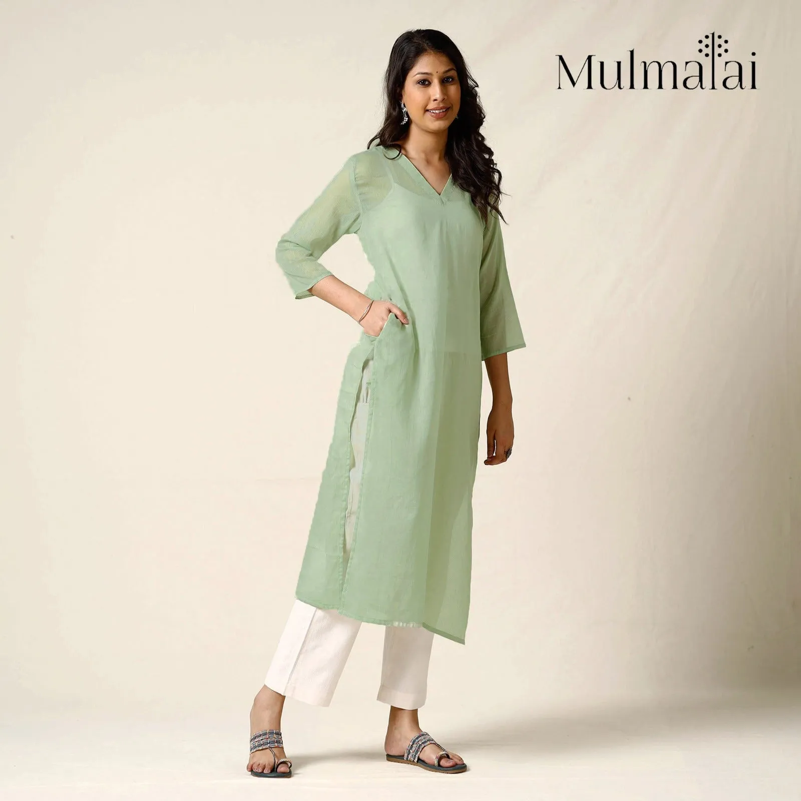 Light Green - Mulmalai Cotton Plain Dyed Straight Long Kurta 25 sold by Itokri