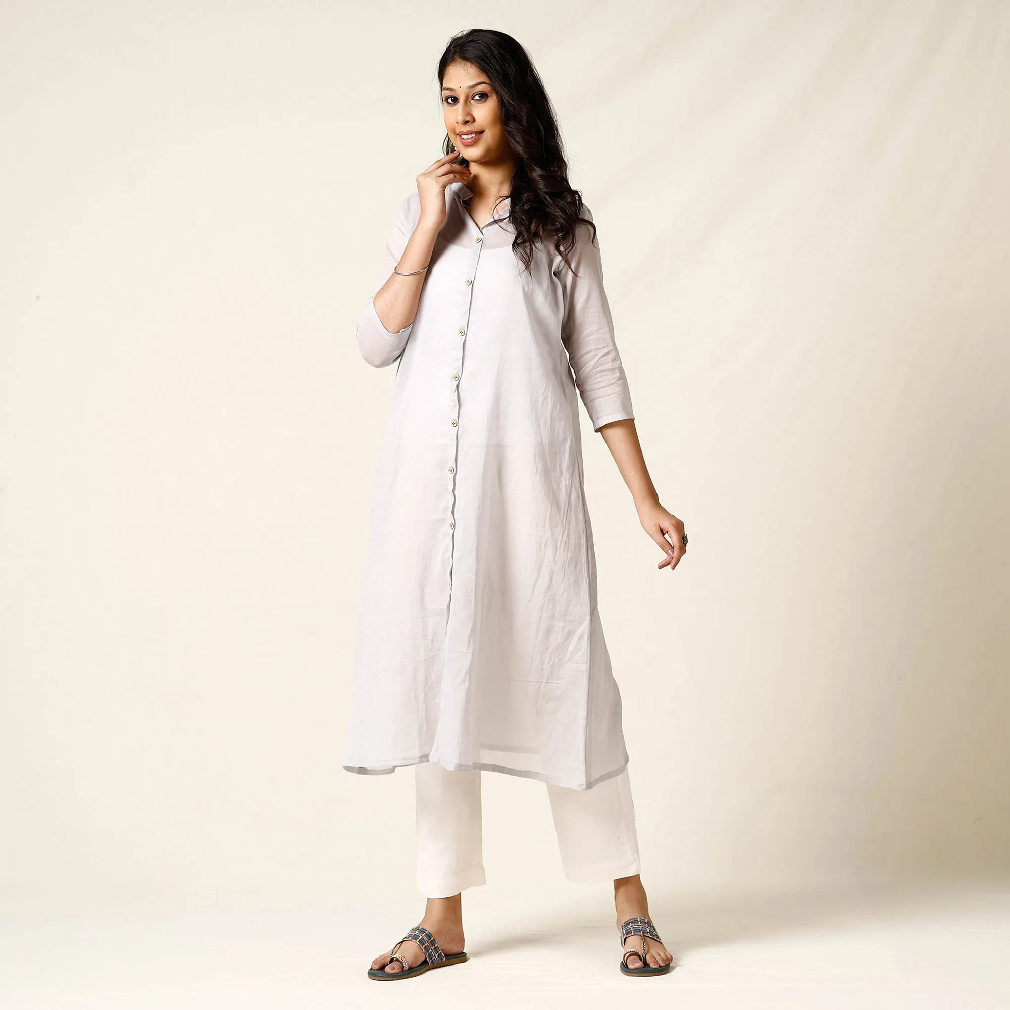 Light Grey - Mulmalai Cotton Plain Dyed A-Line Long Kurta sold by Itokri product image thumbnail 2