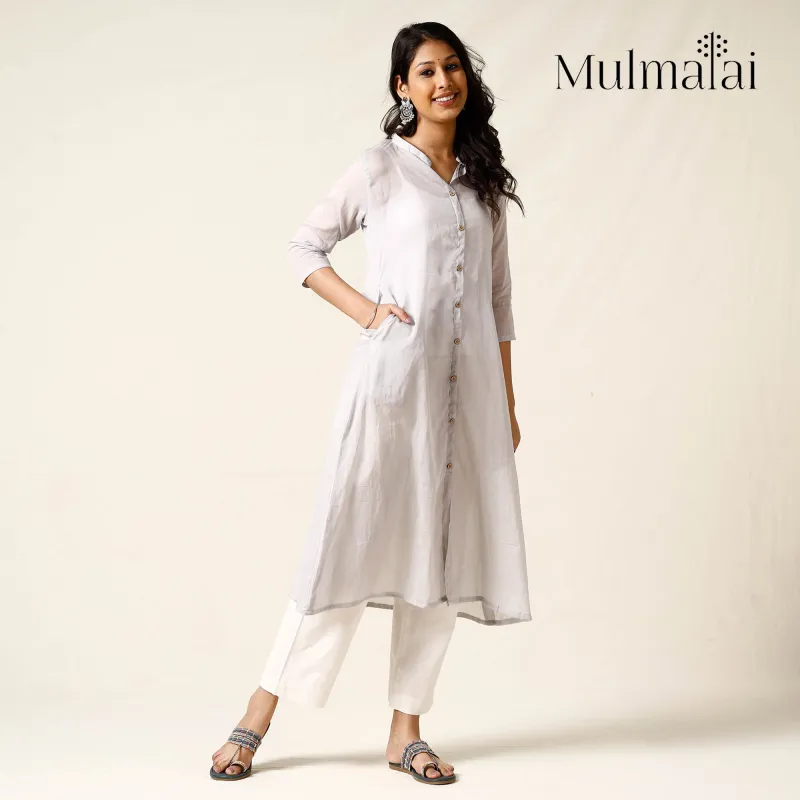 Light Grey - Mulmalai Cotton Plain Dyed A-Line Long Kurta sold by Itokri