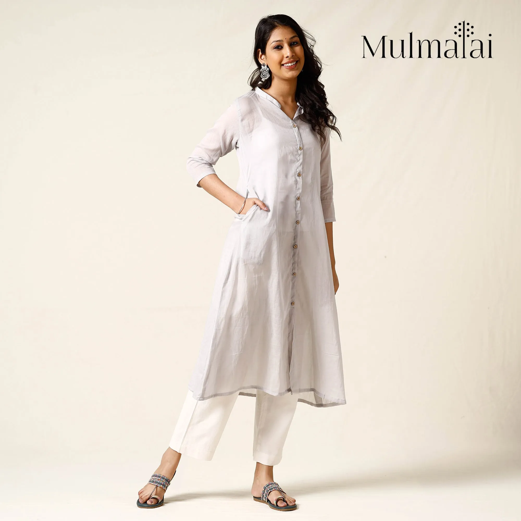 Light Grey - Mulmalai Cotton Plain Dyed A-Line Long Kurta sold by Itokri