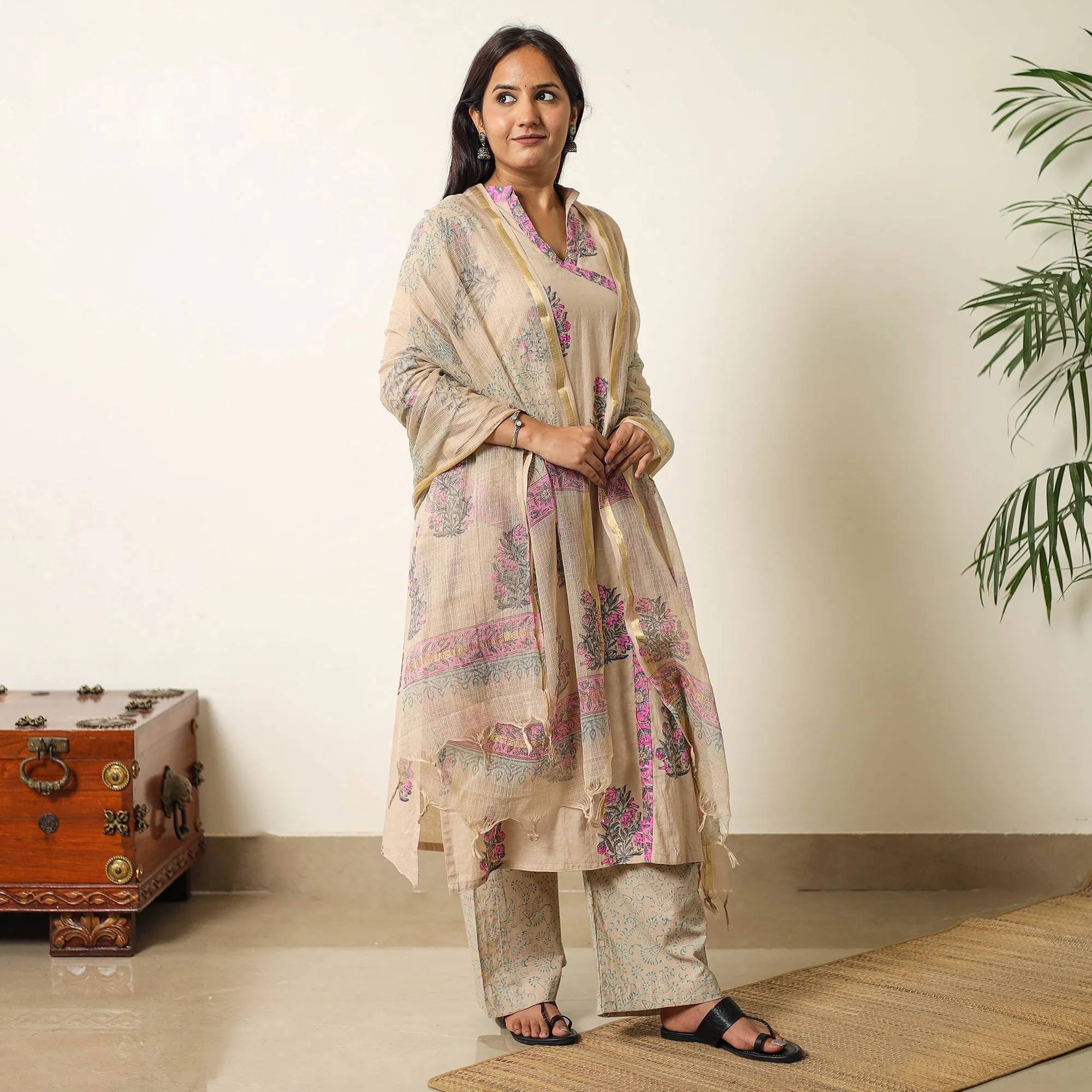 Brown - Sanganeri Block Printed Cotton Kurta with Palazzo & Dupatta Set 01 sold by Itokri product image thumbnail 4