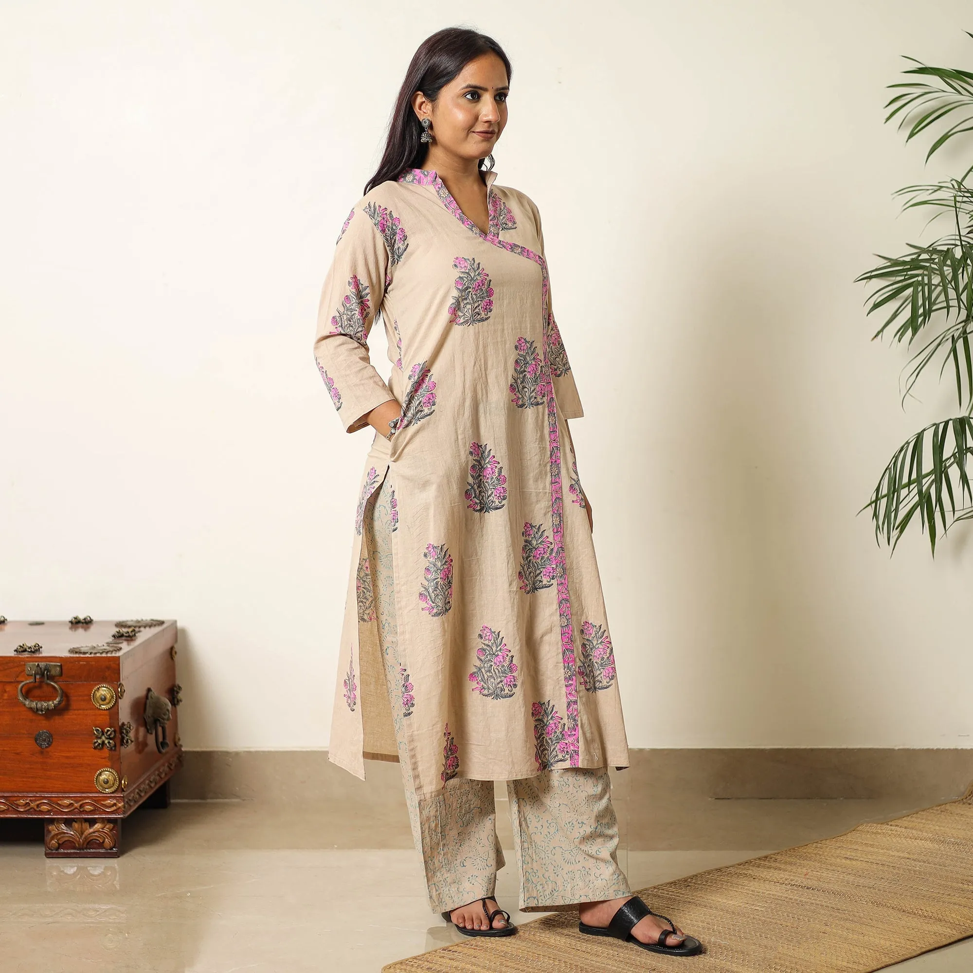 Brown - Sanganeri Block Printed Cotton Kurta with Palazzo & Dupatta Set 01 sold by Itokri product image thumbnail 3