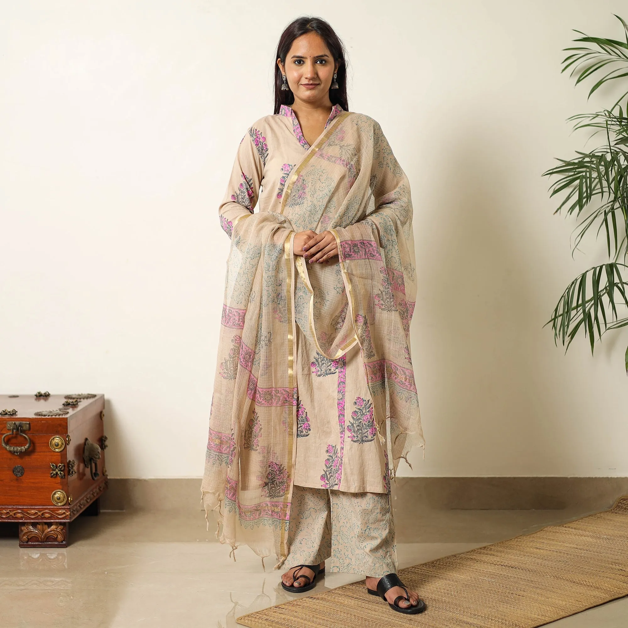 Brown - Sanganeri Block Printed Cotton Kurta with Palazzo & Dupatta Set 01 sold by Itokri product image thumbnail 2