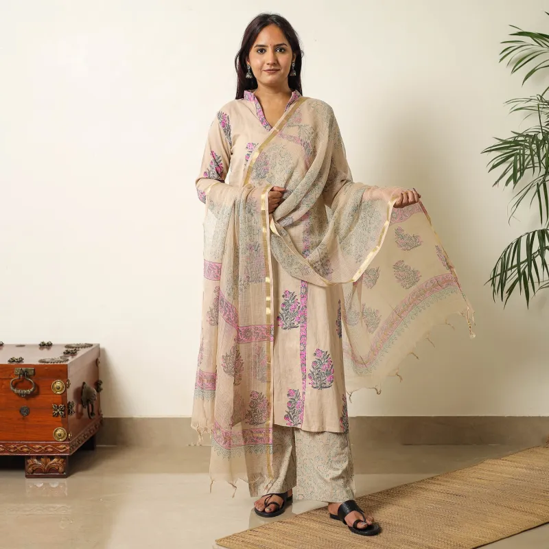Brown - Sanganeri Block Printed Cotton Kurta with Palazzo & Dupatta Set 01 made by Itokri