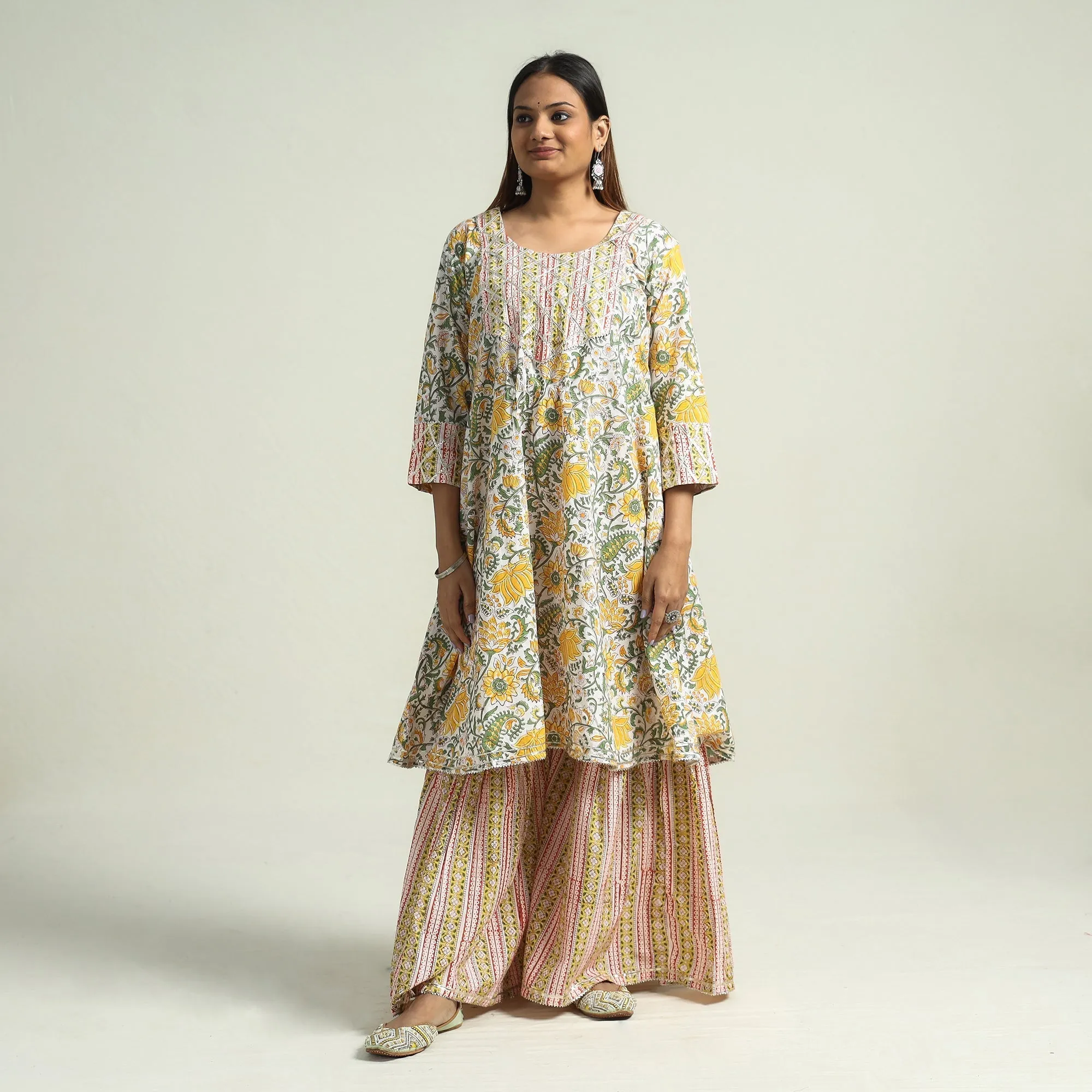 Multicolor - Sanganeri Block Printed Cotton Kurta with Sharara Set sold by Itokri