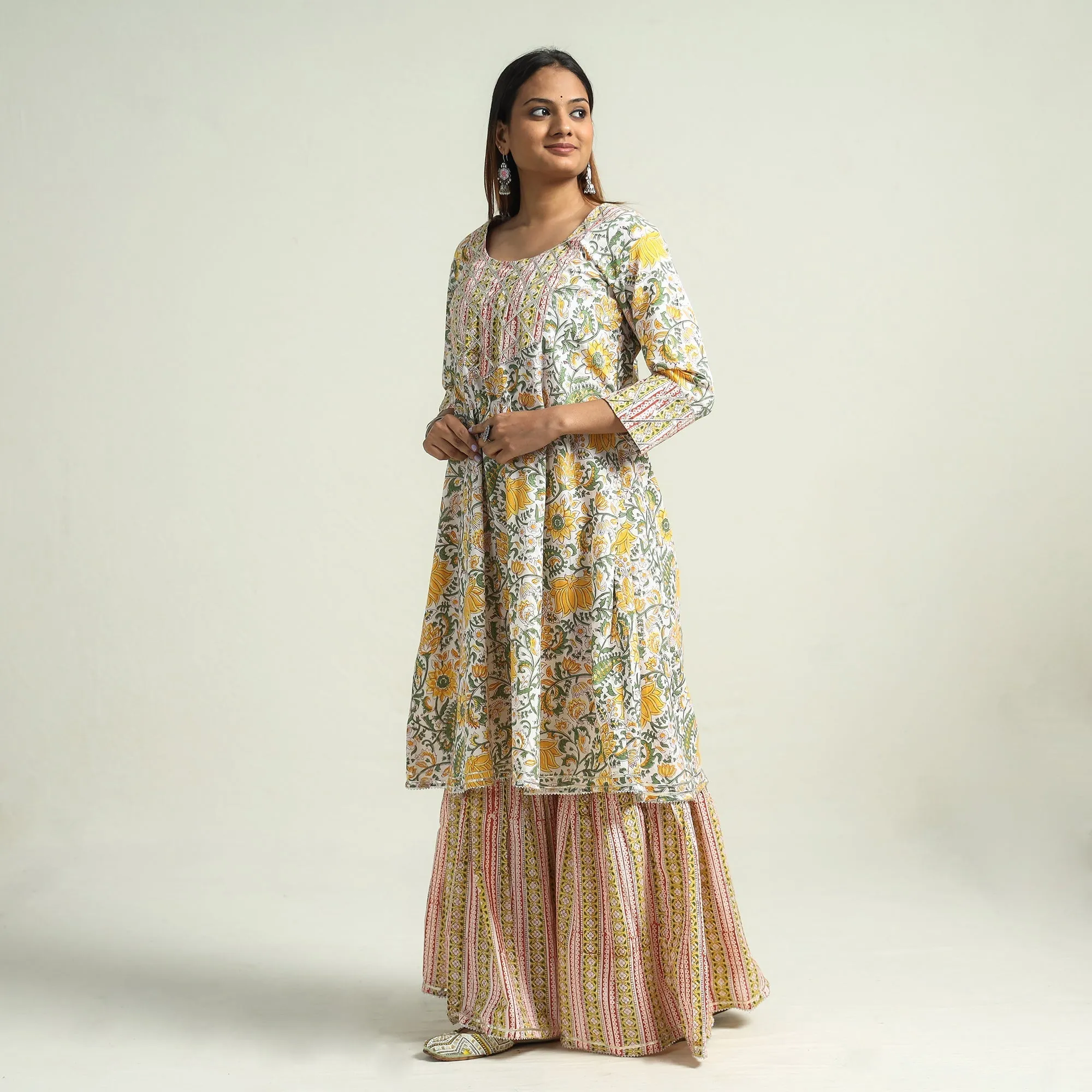Multicolor - Sanganeri Block Printed Cotton Kurta with Sharara Set sold by Itokri product image thumbnail 3