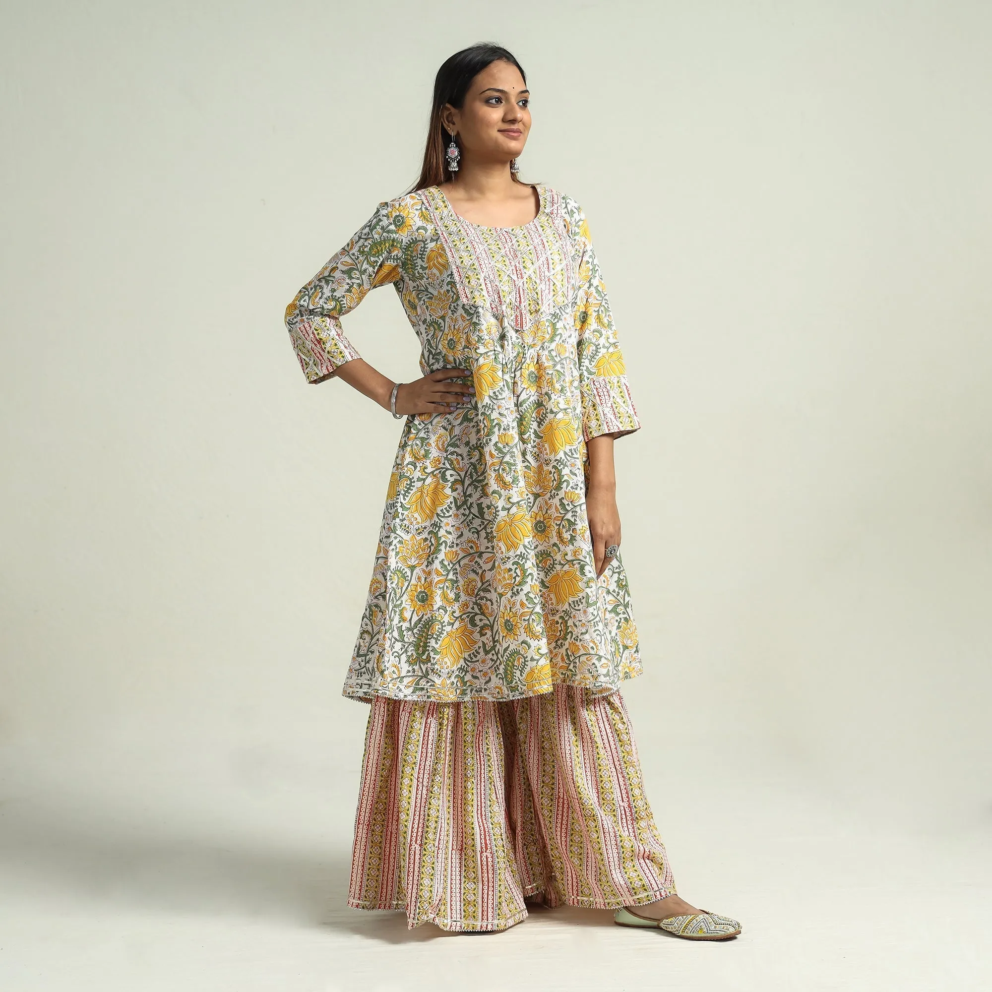 Multicolor - Sanganeri Block Printed Cotton Kurta with Sharara Set sold by Itokri product image thumbnail 2