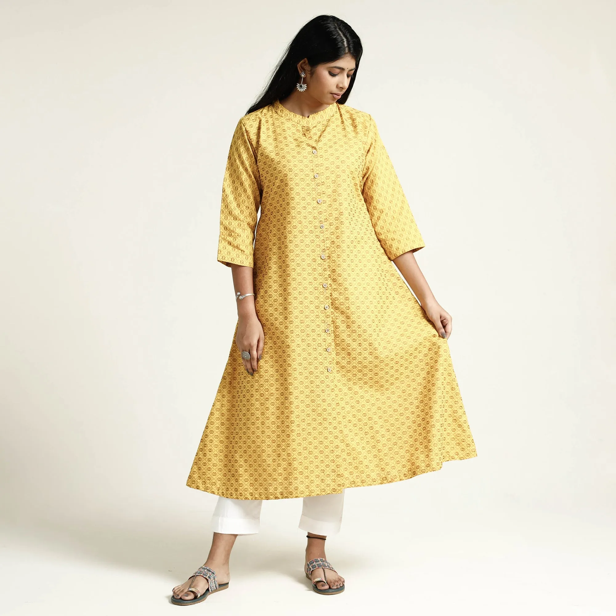 Yellow - Cotton A-Line Jacquard Kurta 13 sold by Itokri product image thumbnail 4