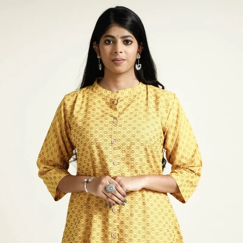 Yellow - Cotton A-Line Jacquard Kurta 13 made by Itokri