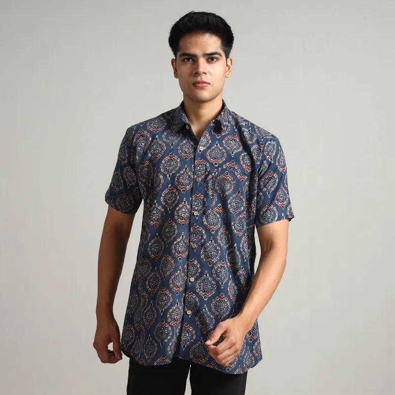 Blue - Ajrakh Block Printed Cotton Men Half Sleeve Shirt 04 sold by Itokri