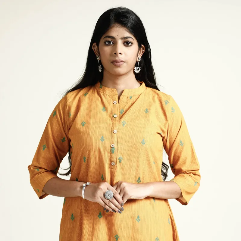 Yellow - Mustard Jacquard Cotton Long Kurta sold by Itokri