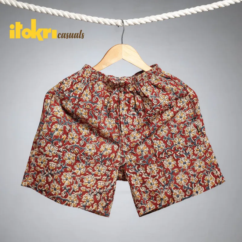 Red - Kalamkari Block Printing Cotton Unisex Boxer/Shorts sold by Itokri