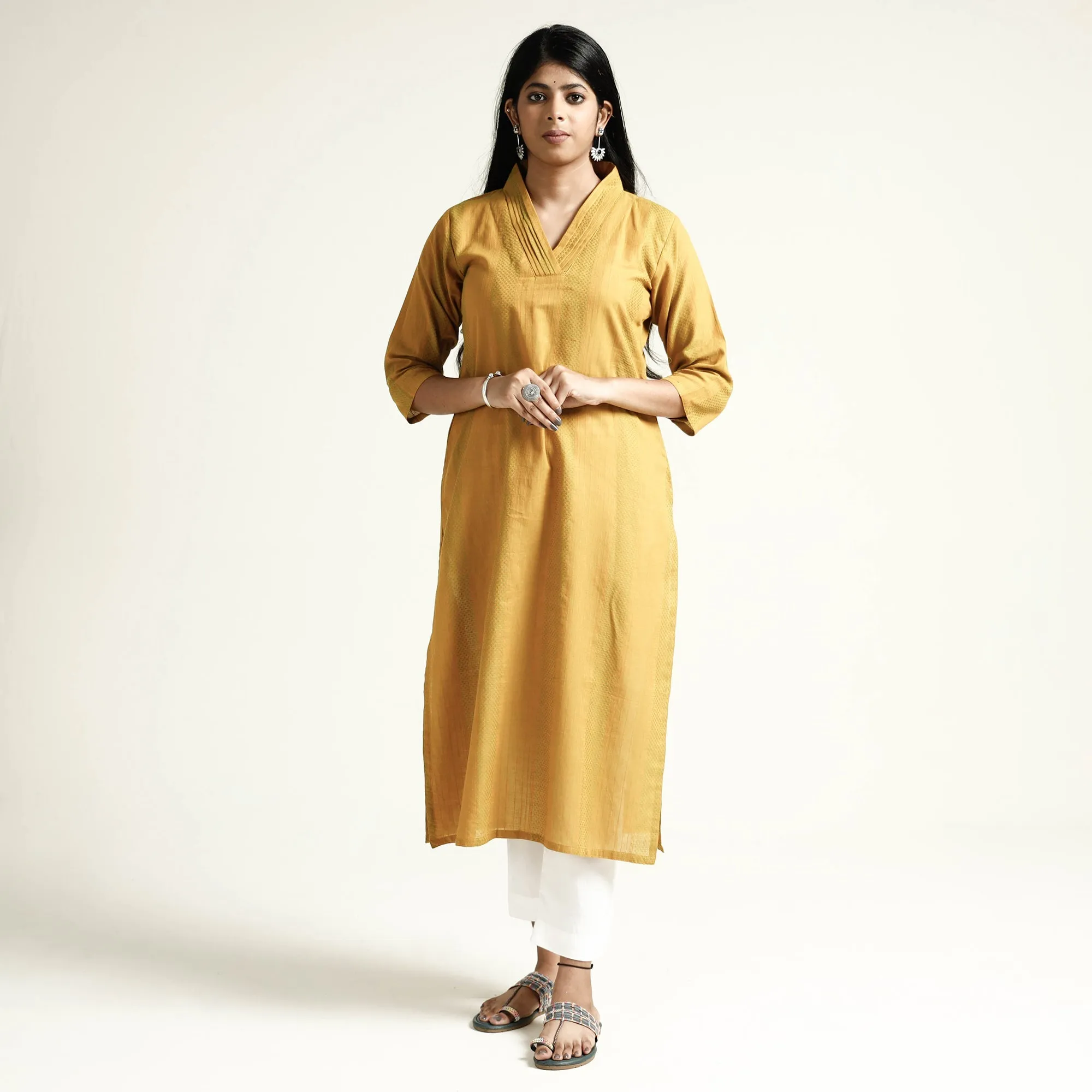 Yellow - Jacquard Cotton Long Straight Kurta sold by Itokri product image thumbnail 2