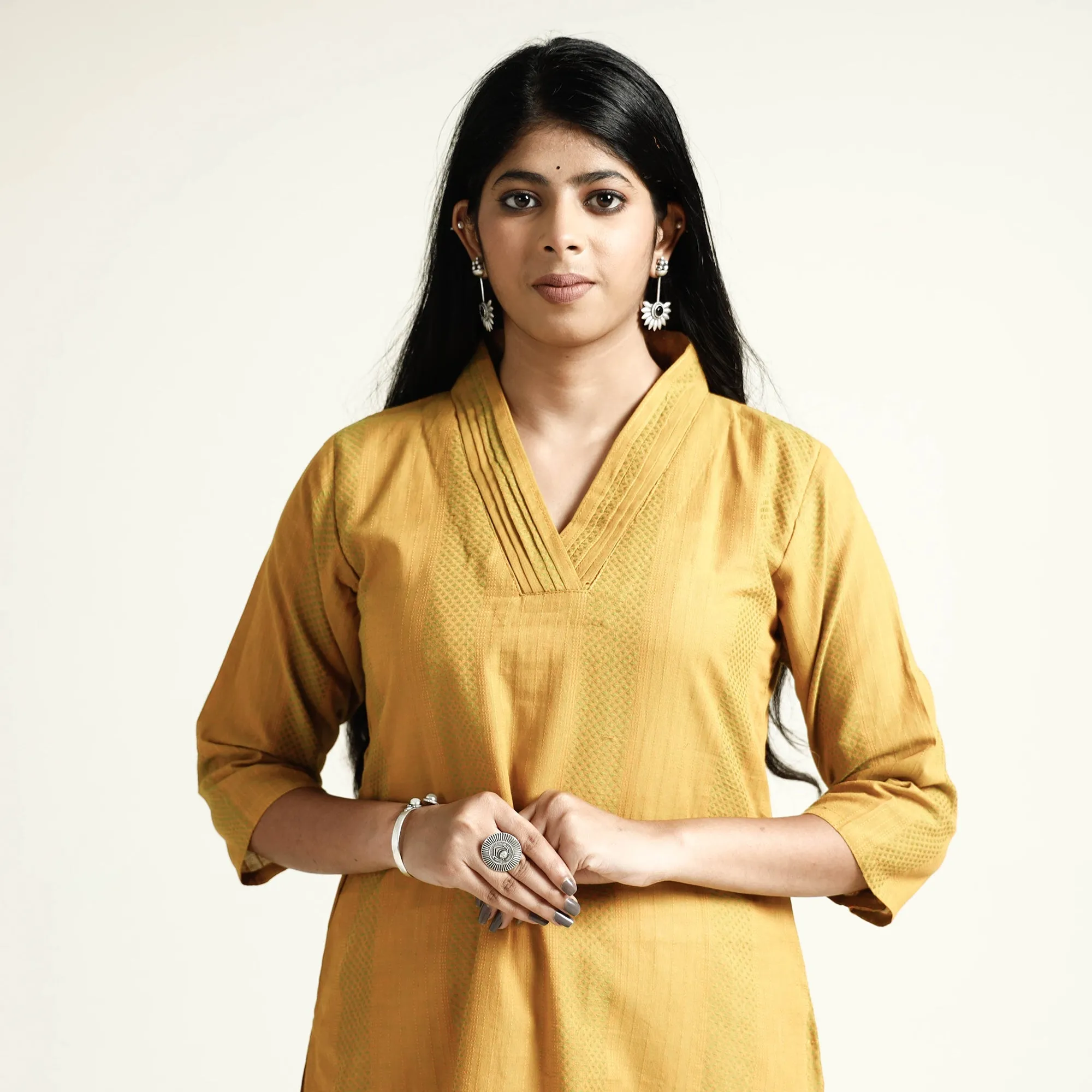 Yellow - Jacquard Cotton Long Straight Kurta sold by Itokri