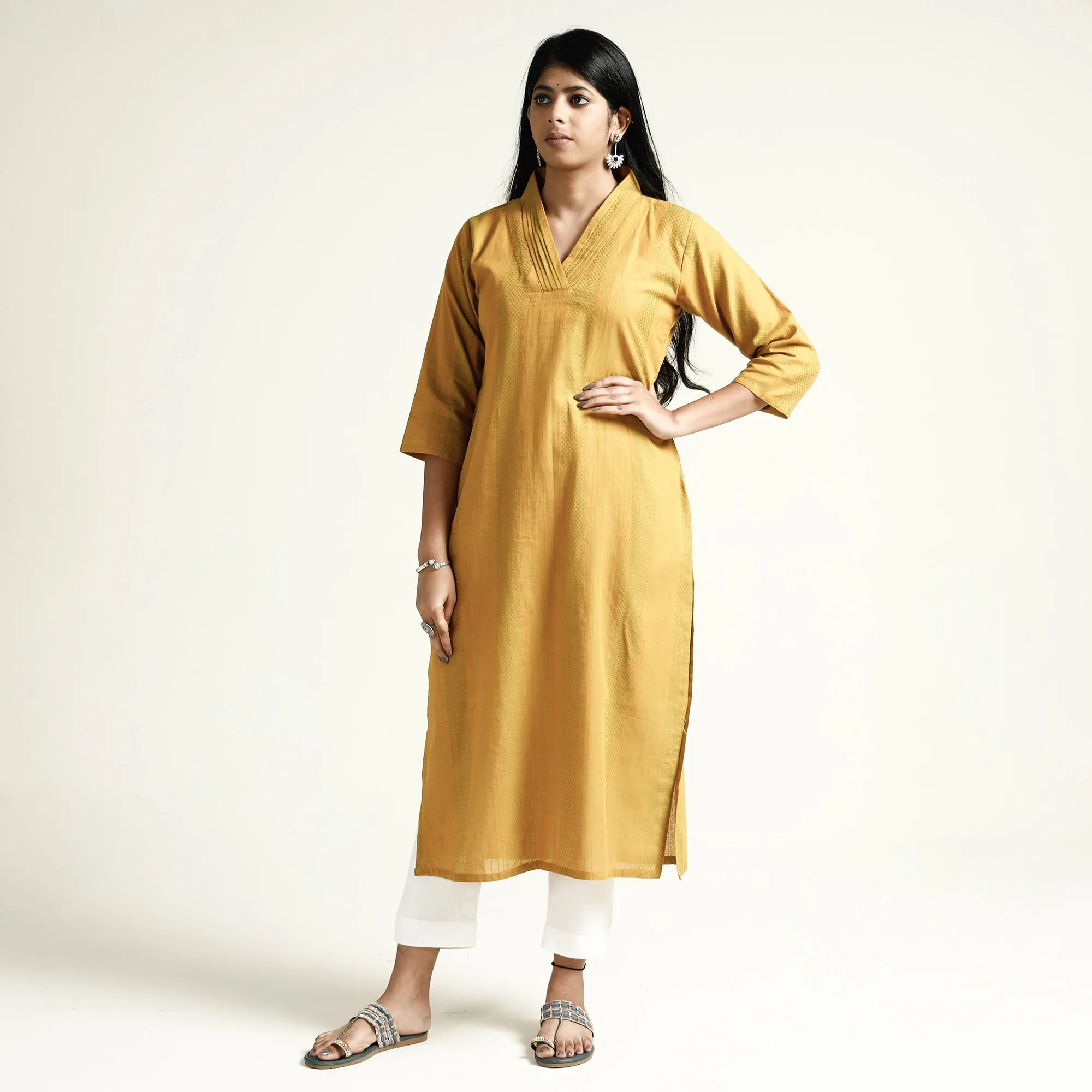 Yellow - Jacquard Cotton Long Straight Kurta sold by Itokri product image thumbnail 3