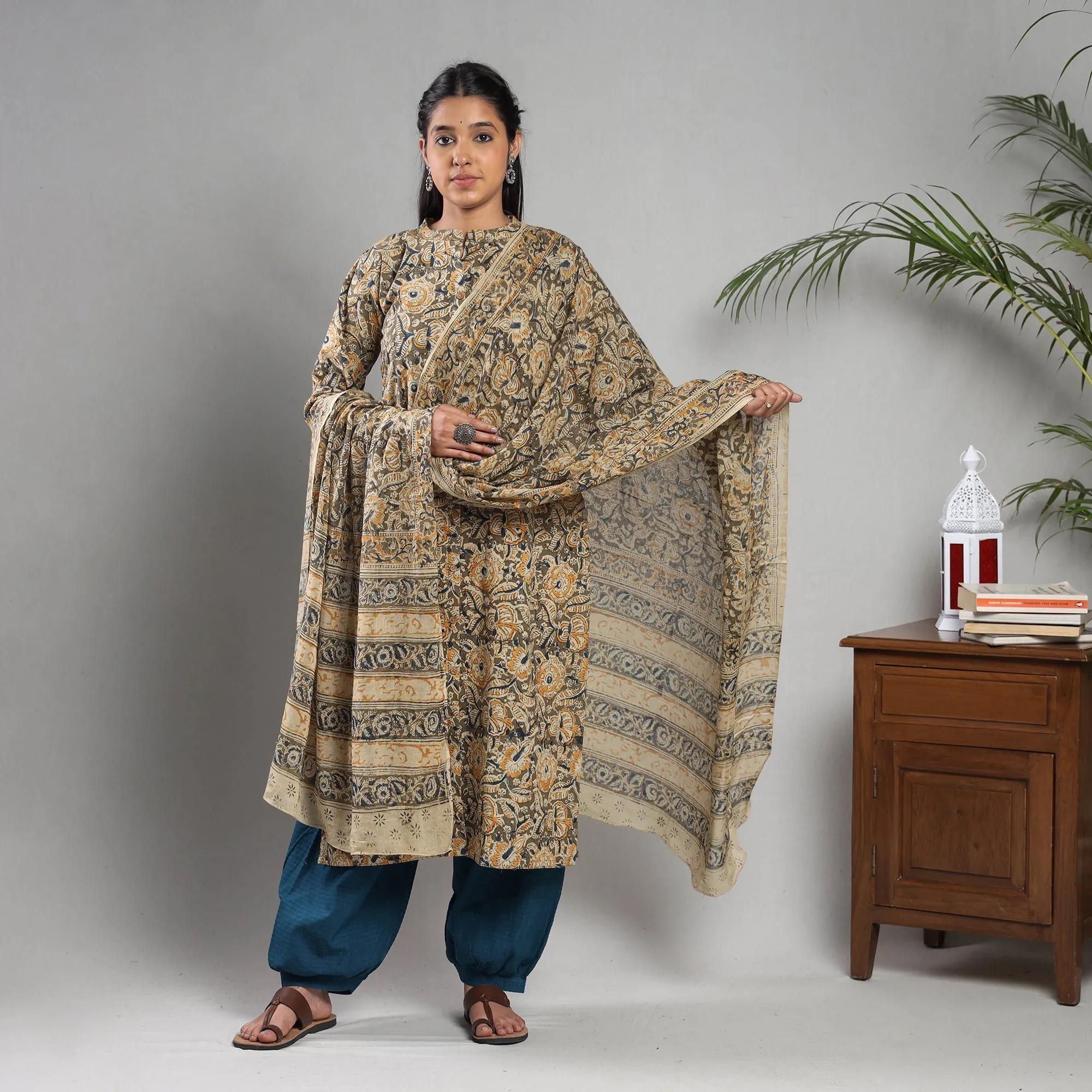 Brown - Kalamkari Block Printing Cotton Kurta with Salwar & Dupatta Set sold by Itokri product image thumbnail 3