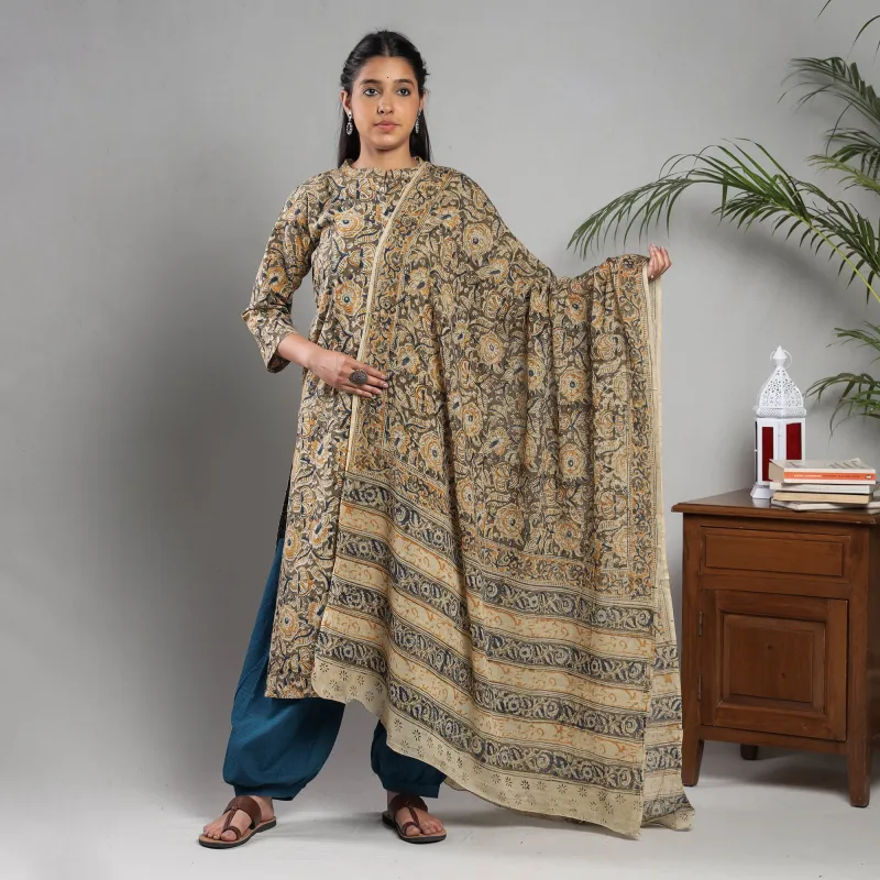 Brown - Kalamkari Block Printing Cotton Kurta with Salwar & Dupatta Set sold by Itokri