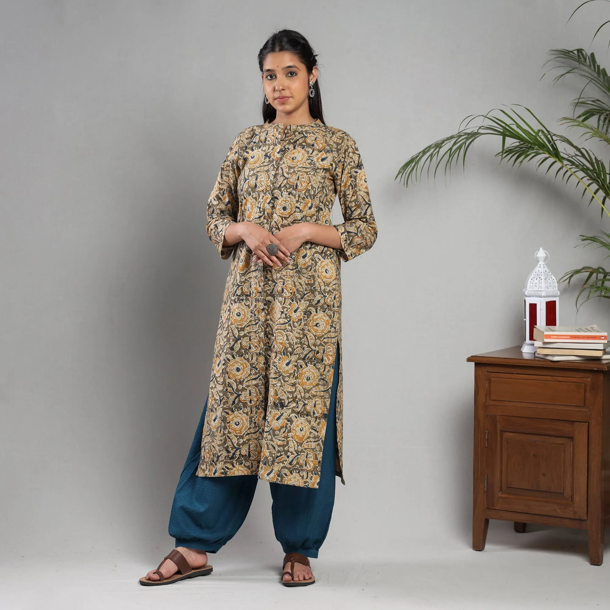 Brown - Kalamkari Block Printing Cotton Kurta with Salwar & Dupatta Set sold by Itokri product image thumbnail 2
