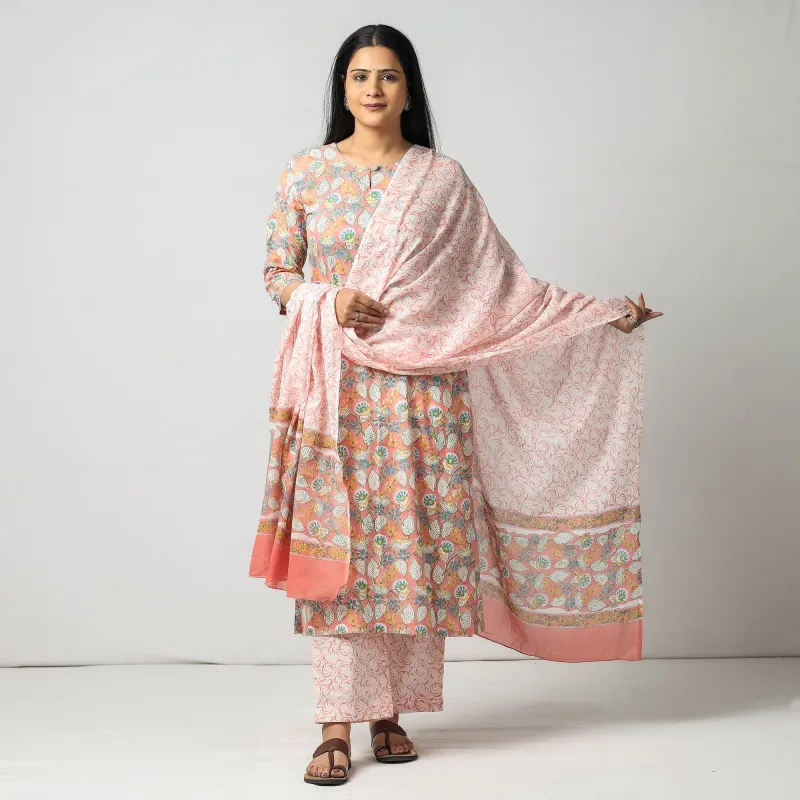 Orange - Sanganeri Block Printing Cotton Kurta with Palazzo & Dupatta Set made by Itokri